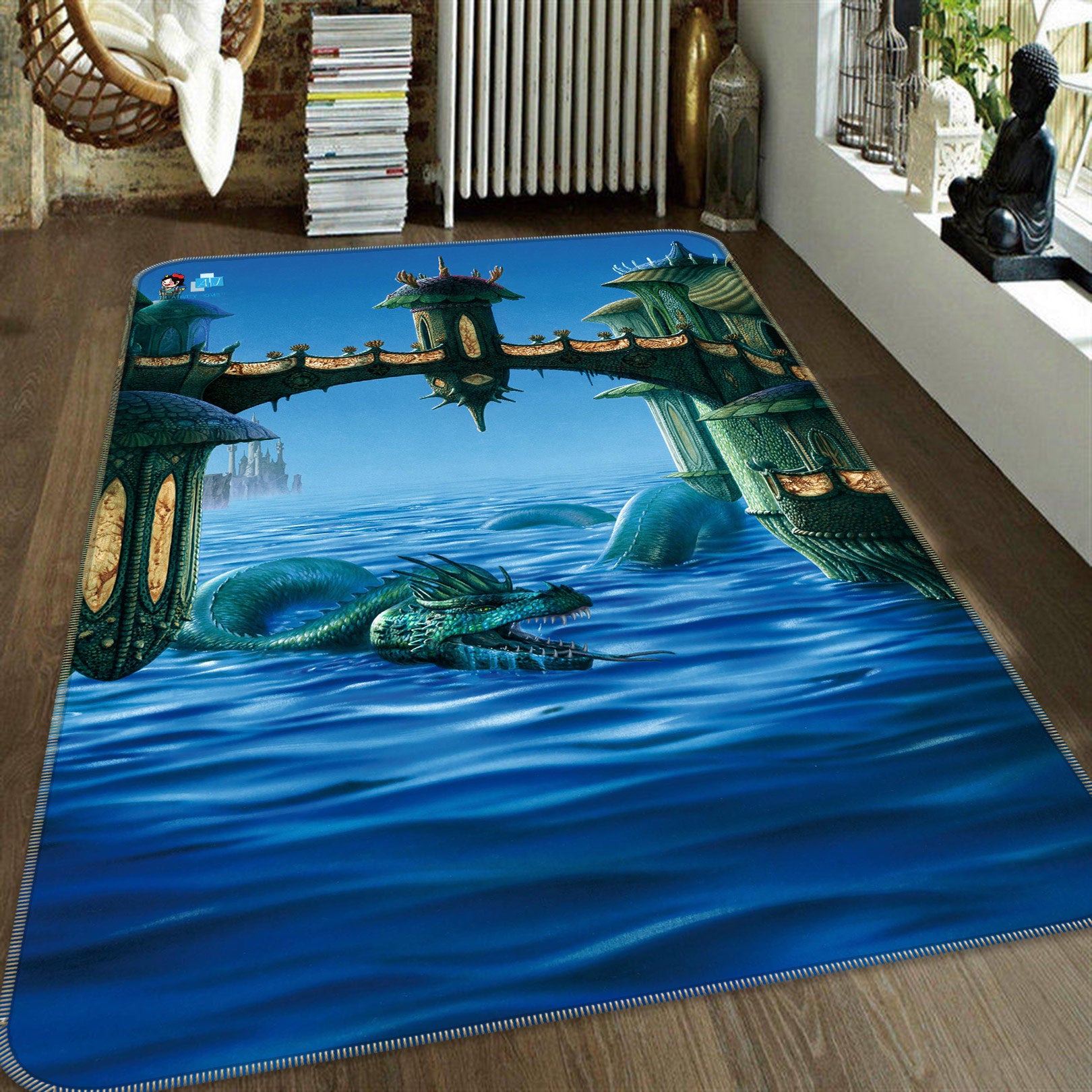 3D Bridge River Dragon 5194 Ciruelo Rug Non Slip Rug Mat