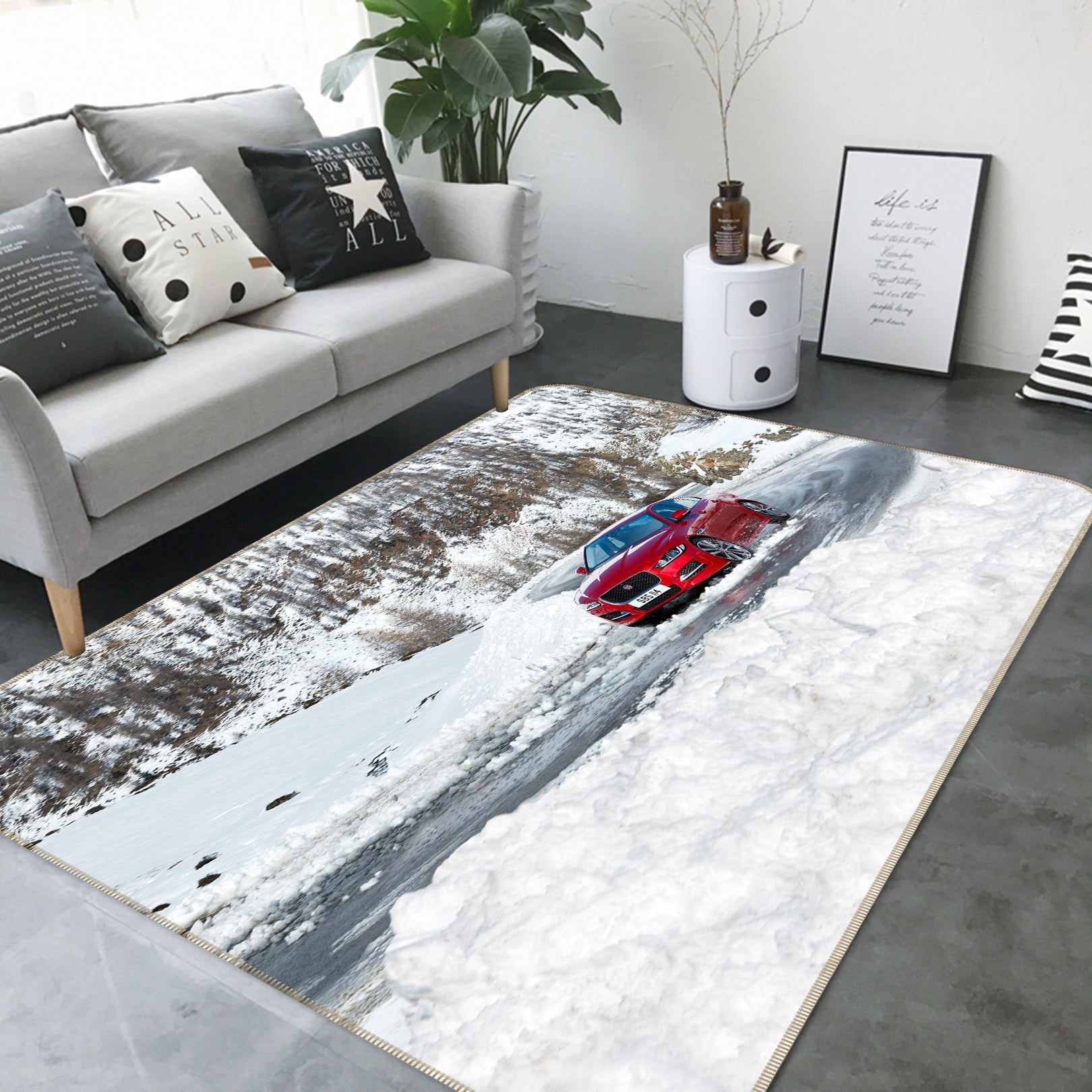 3D Snowfield Red Sports Car 38232 Vehicle Non Slip Rug Mat