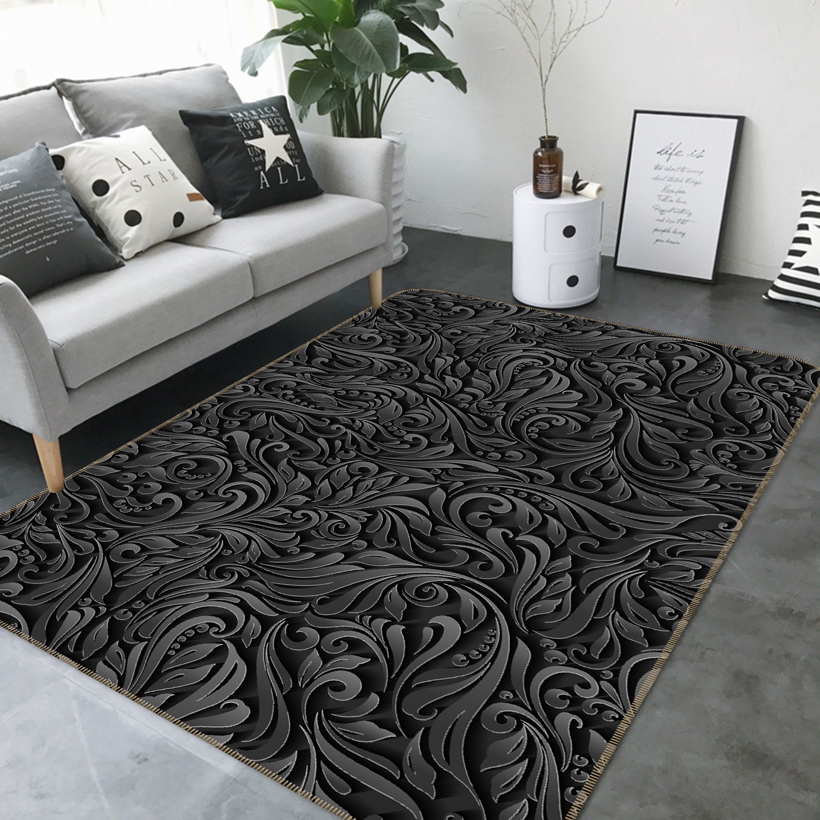 3D Black Pattern 35053 Non Slip Rug Mat