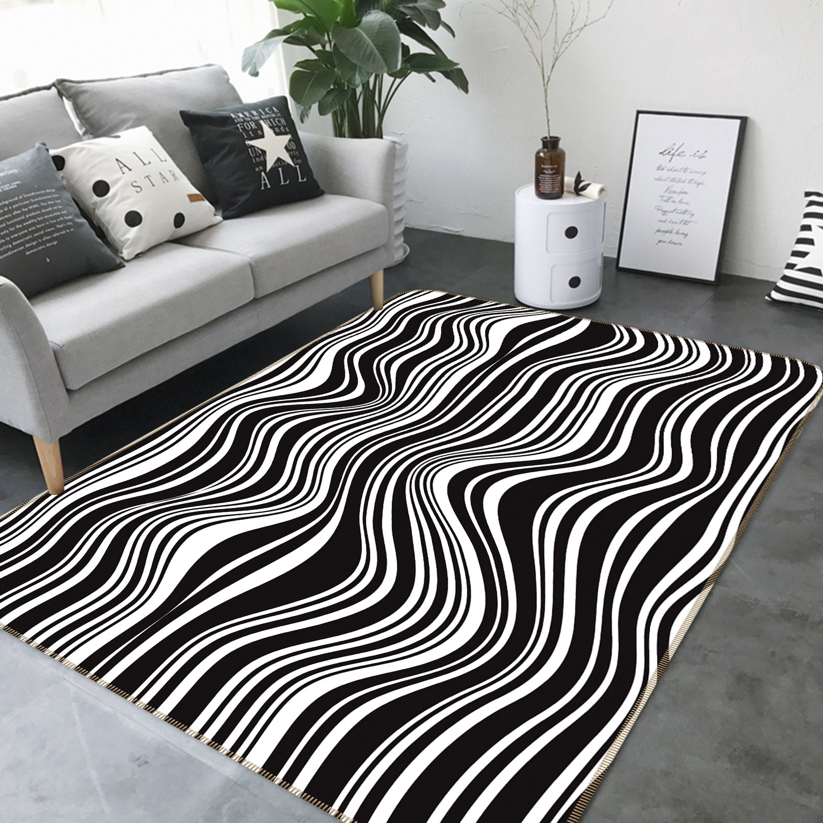 3D Black White Waves 35016 Non Slip Rug Mat
