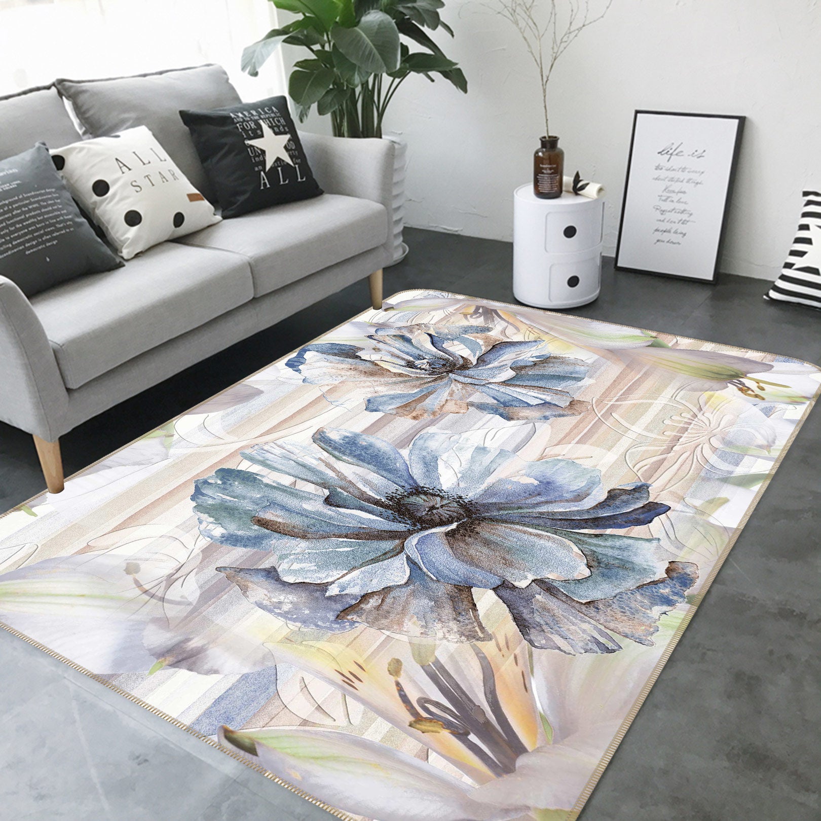 3D Grey Flower 33030 Non Slip Rug Mat