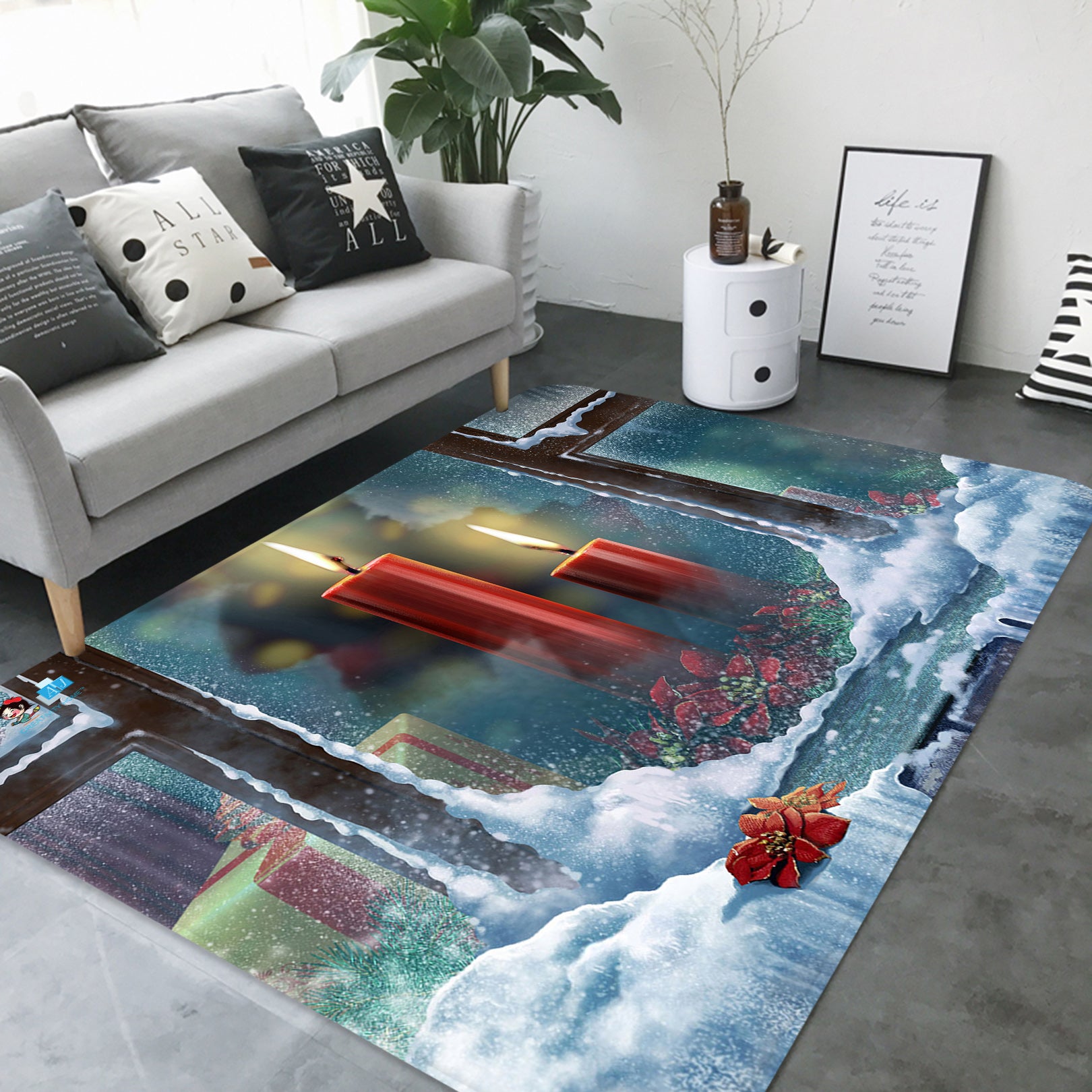 3D Glass Candle Snow 65184 Christmas Non Slip Rug Mat Xmas