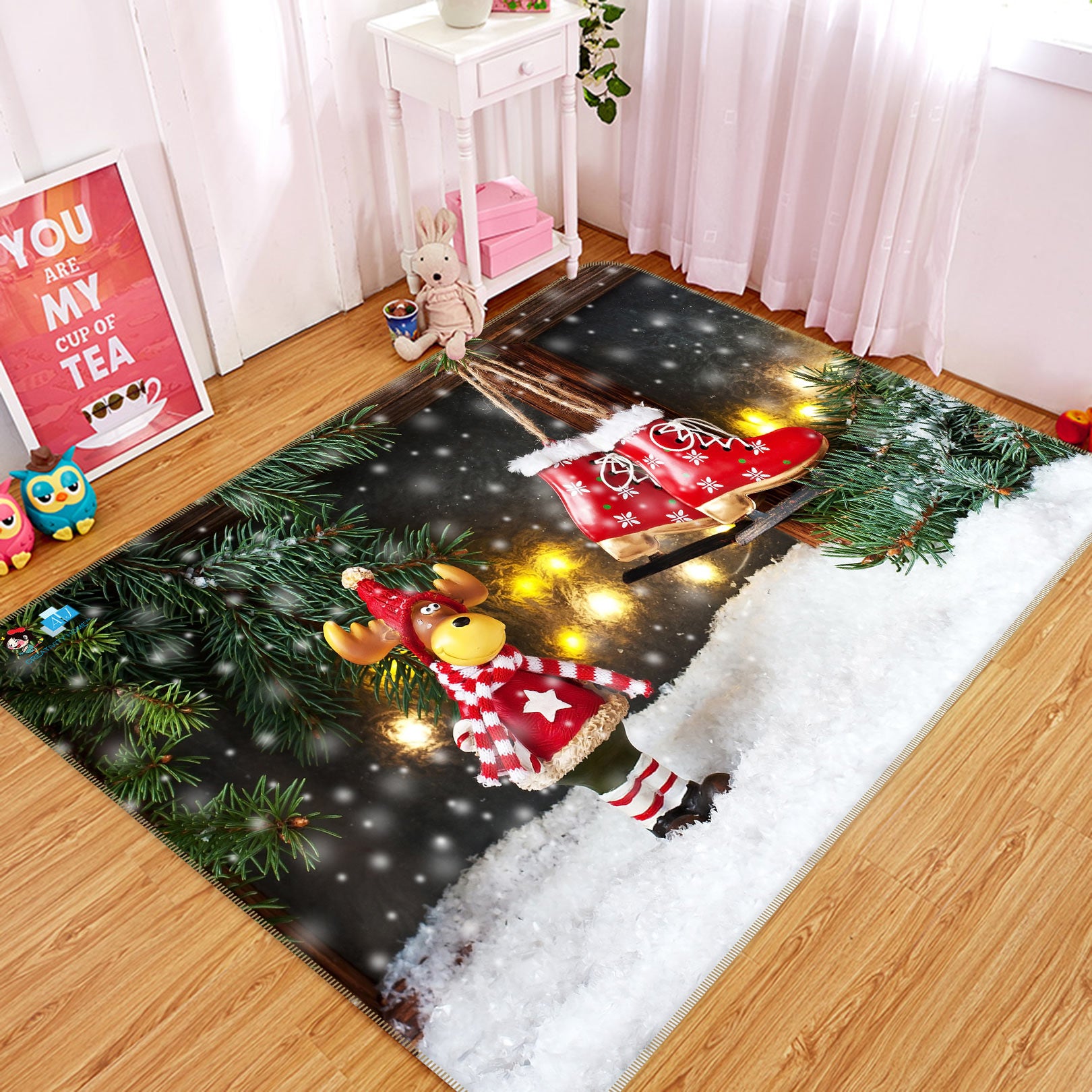 3D Deer Snow Shoe 55027 Christmas Non Slip Rug Mat Xmas