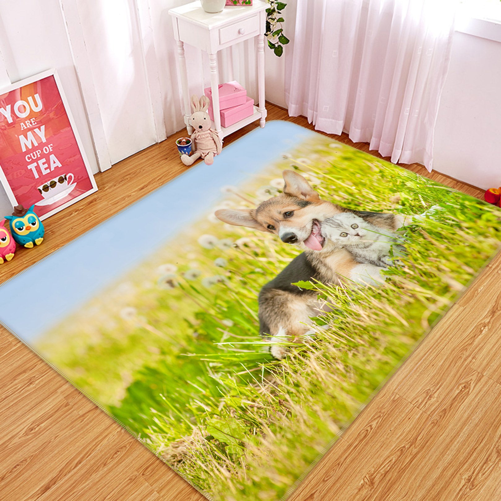 3D Grassland Corgi Kitten 37038 Non Slip Rug Mat