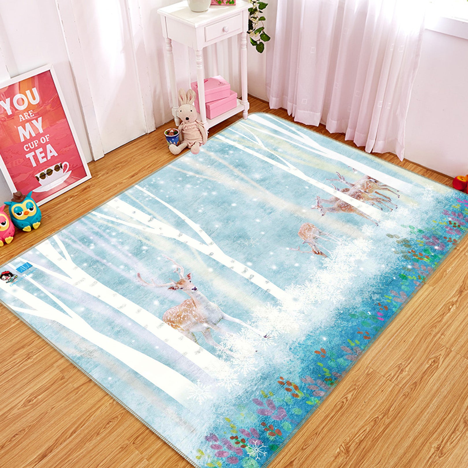 3D White Forest Deer 66094 Non Slip Rug Mat