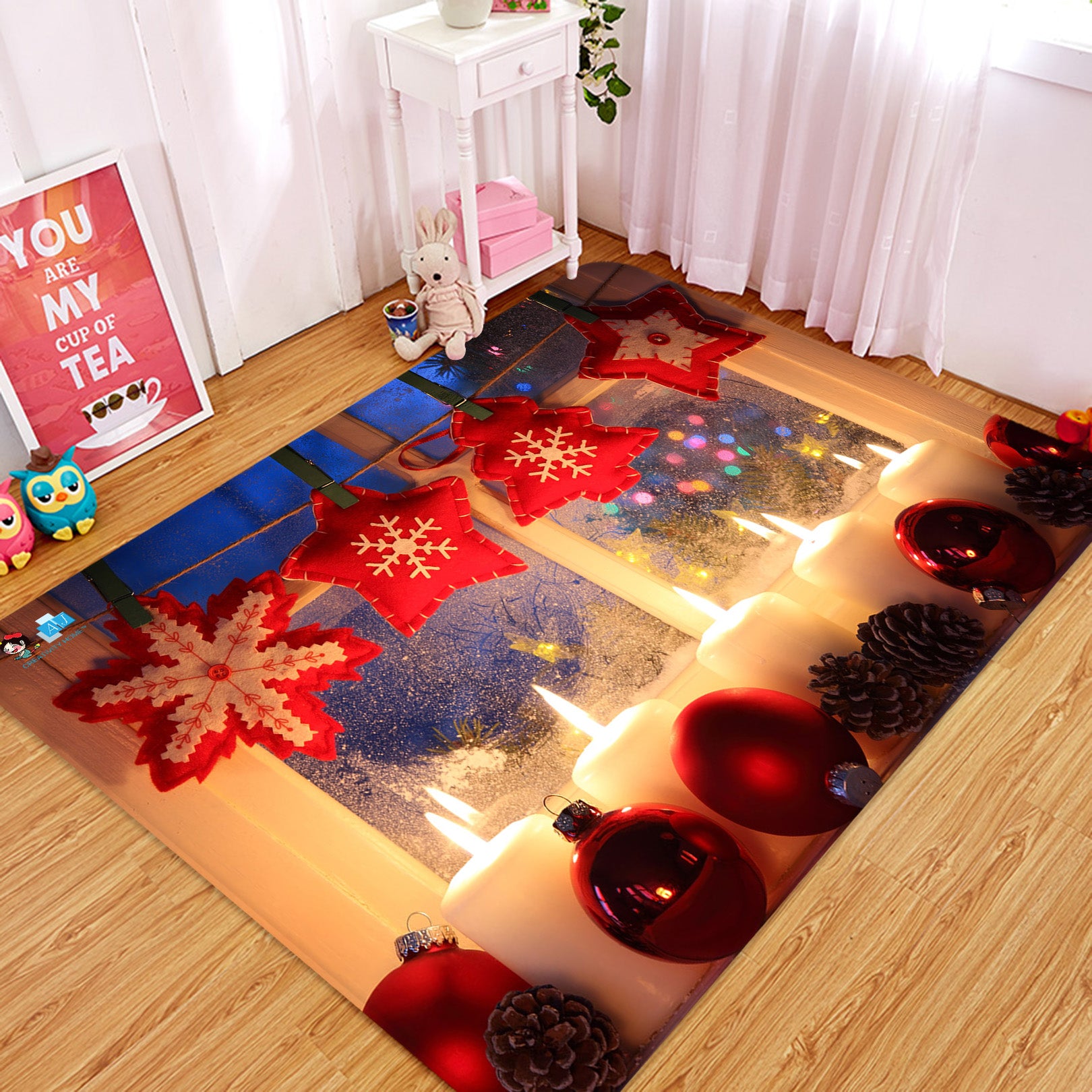 3D Red Ball Snowflake 65210 Christmas Non Slip Rug Mat Xmas