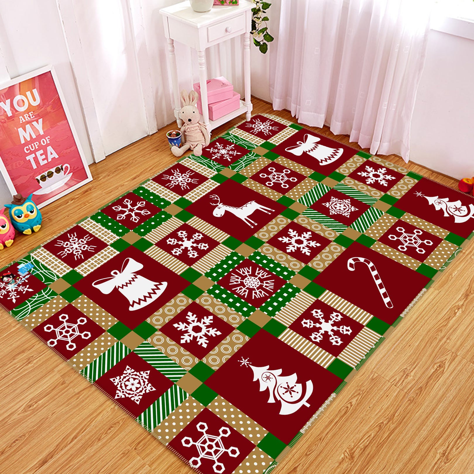 3D Snowflake Tree Red Square 55019 Christmas Non Slip Rug Mat Xmas