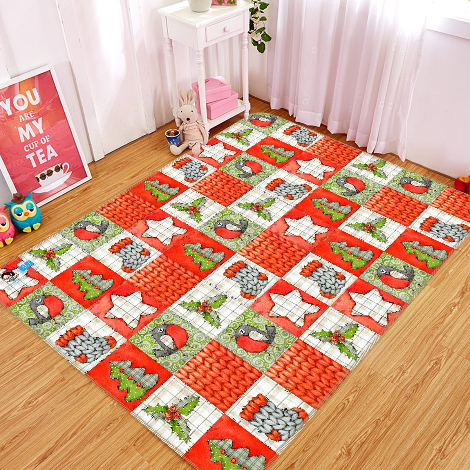 3D Sock Tree Checkered 54231 Christmas Non Slip Rug Mat Xmas
