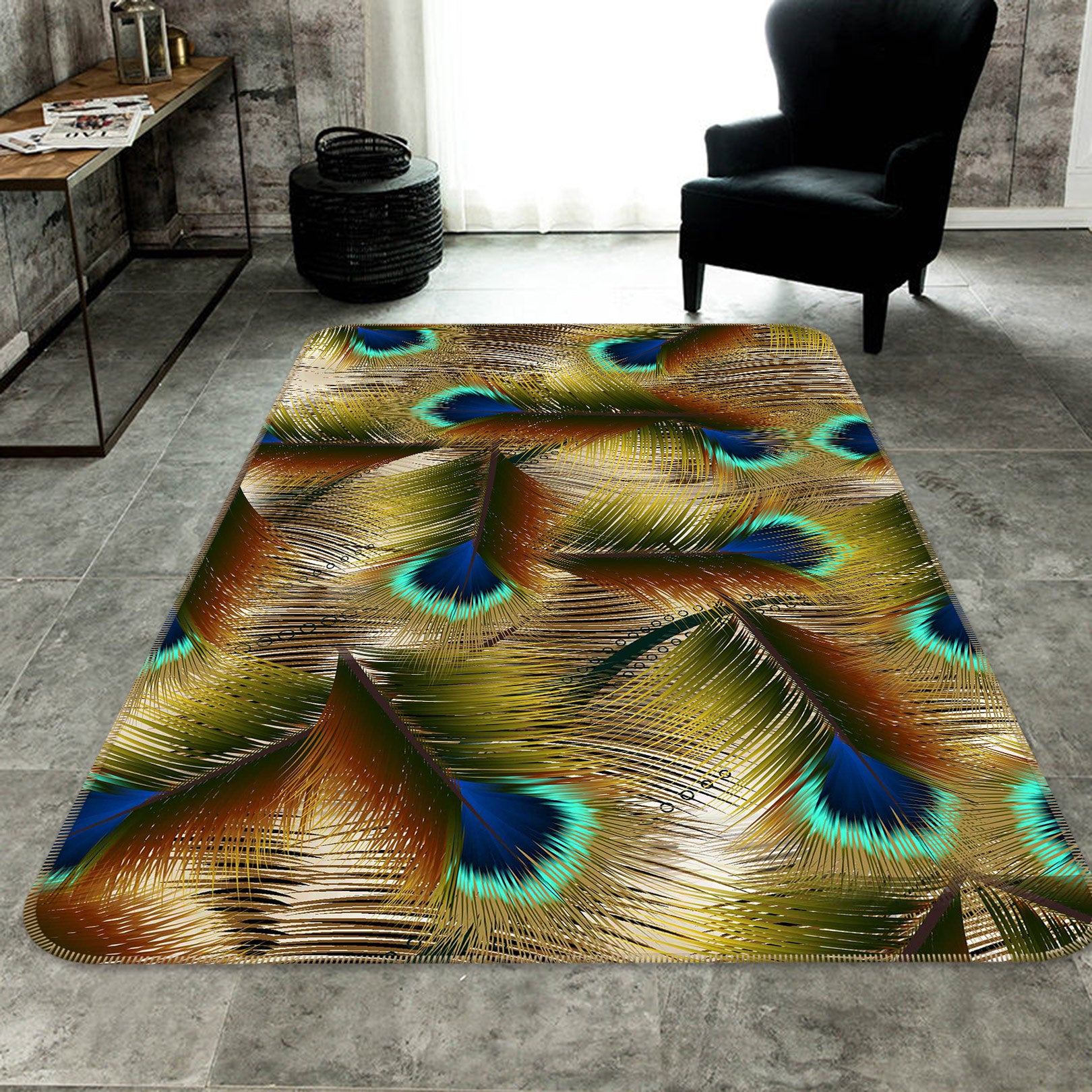 3D Peacock Feather 27066 Non Slip Rug Mat