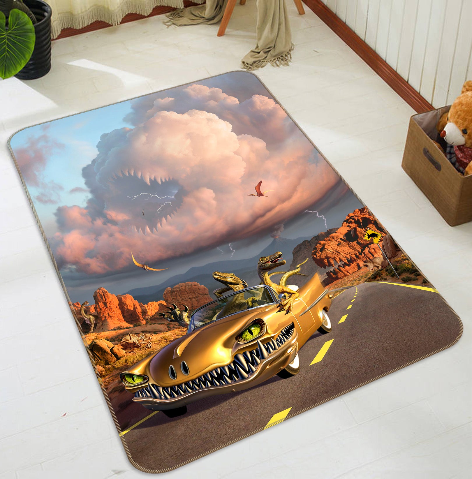 3D Car Dinosaur Clouds 83104 Jerry LoFaro Rug Non Slip Rug Mat