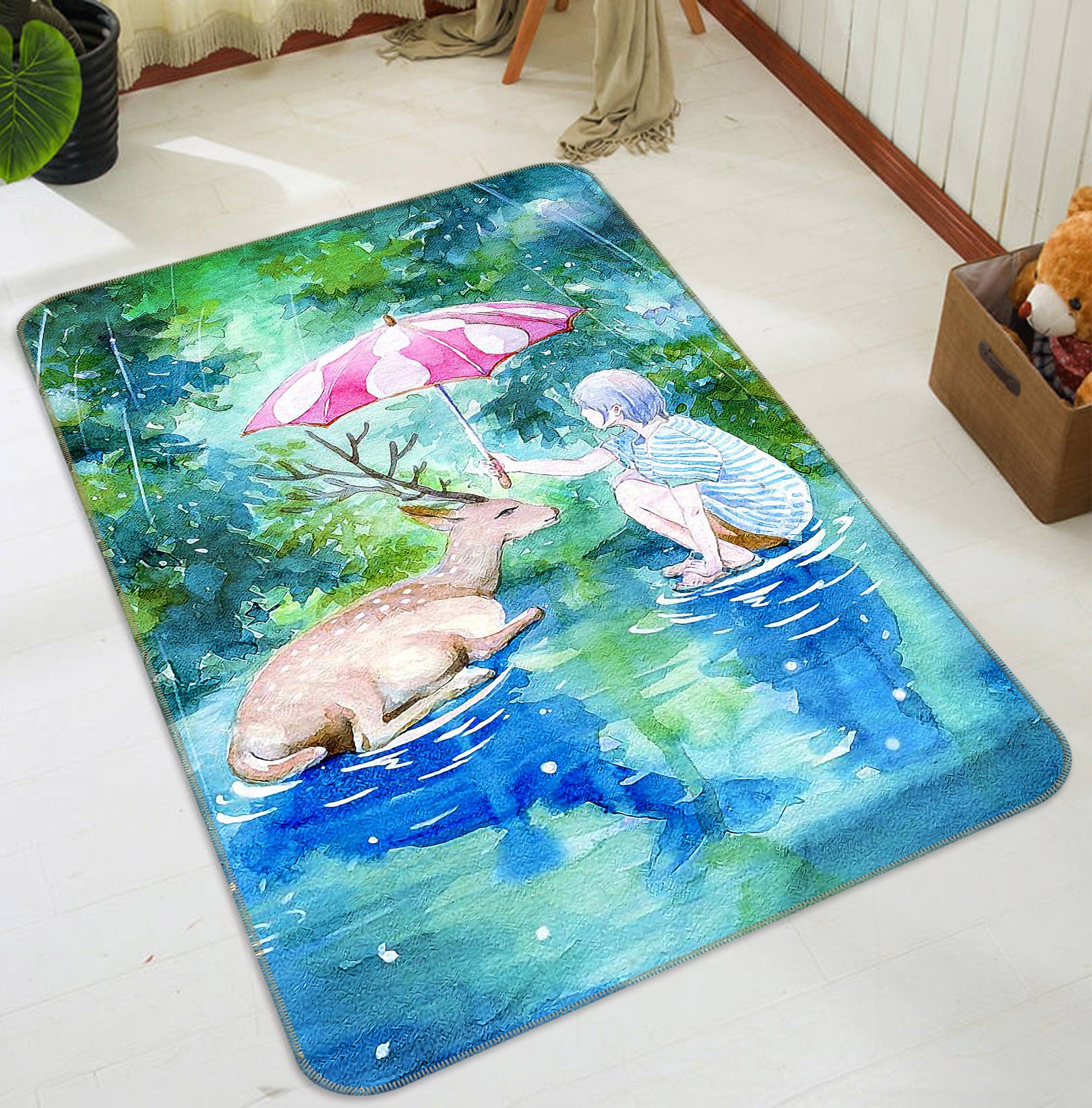 3D Deer Girl Umbrella 65032 Non Slip Rug Mat