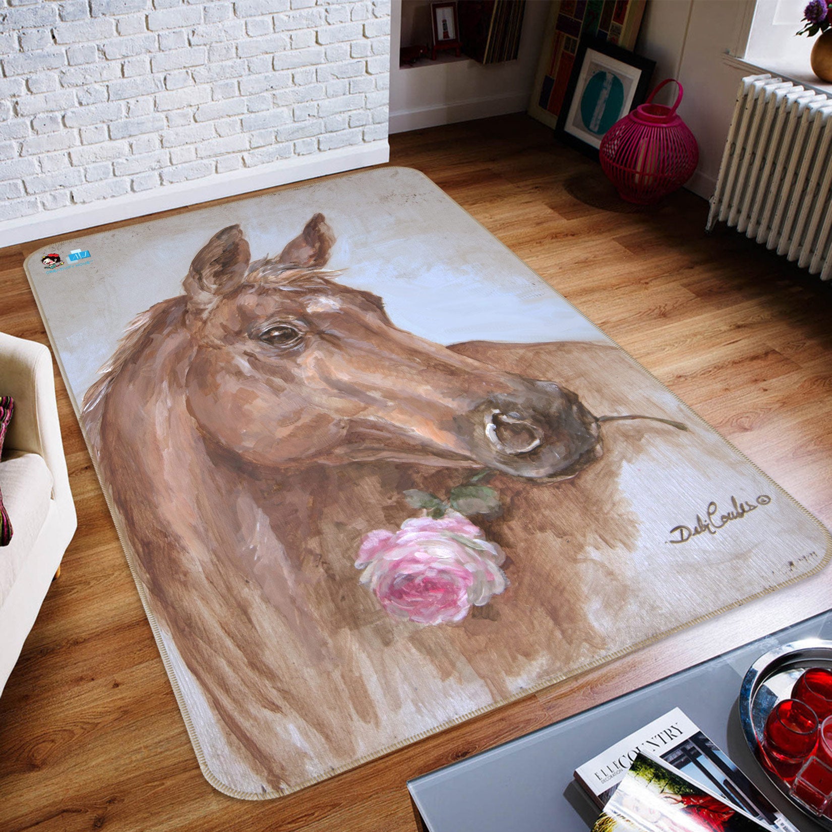 3D Horse With Flowers 1053 Debi Coules Rug Non Slip Rug Mat