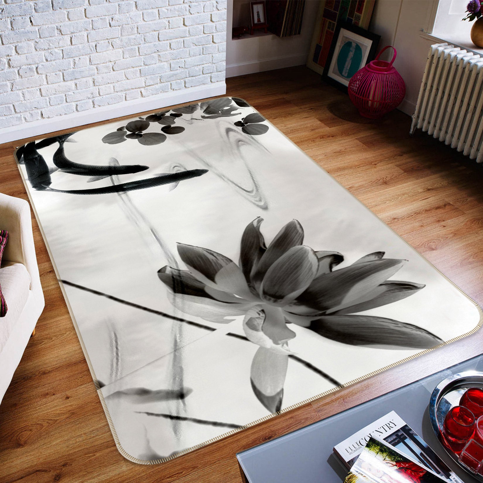 3D Black White Lotus 76018 Non Slip Rug Mat