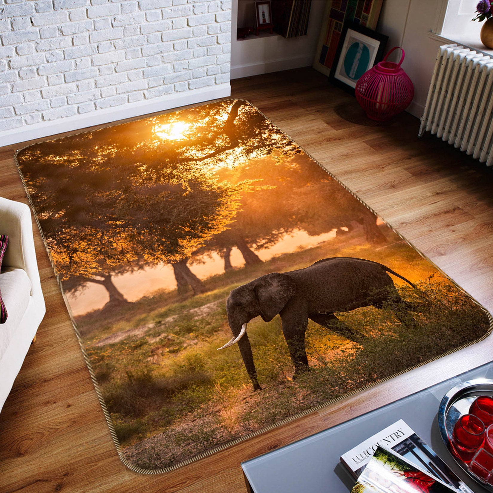 3D Sunset Tree Elephant 194 Animal Non Slip Rug Mat