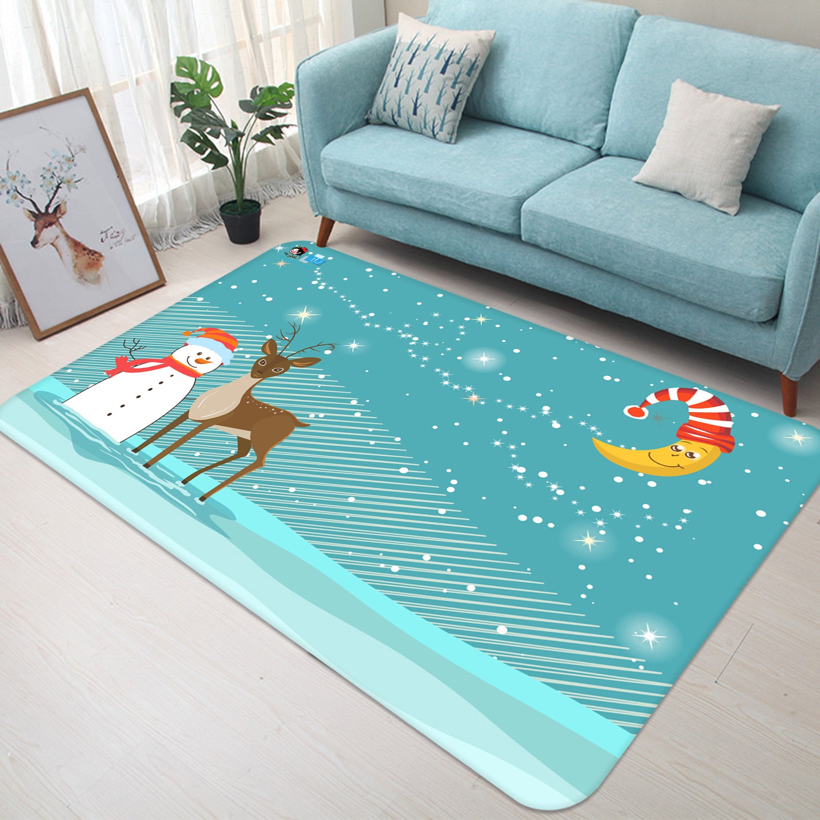 3D Snowman Deer Moon 65203 Christmas Non Slip Rug Mat Xmas