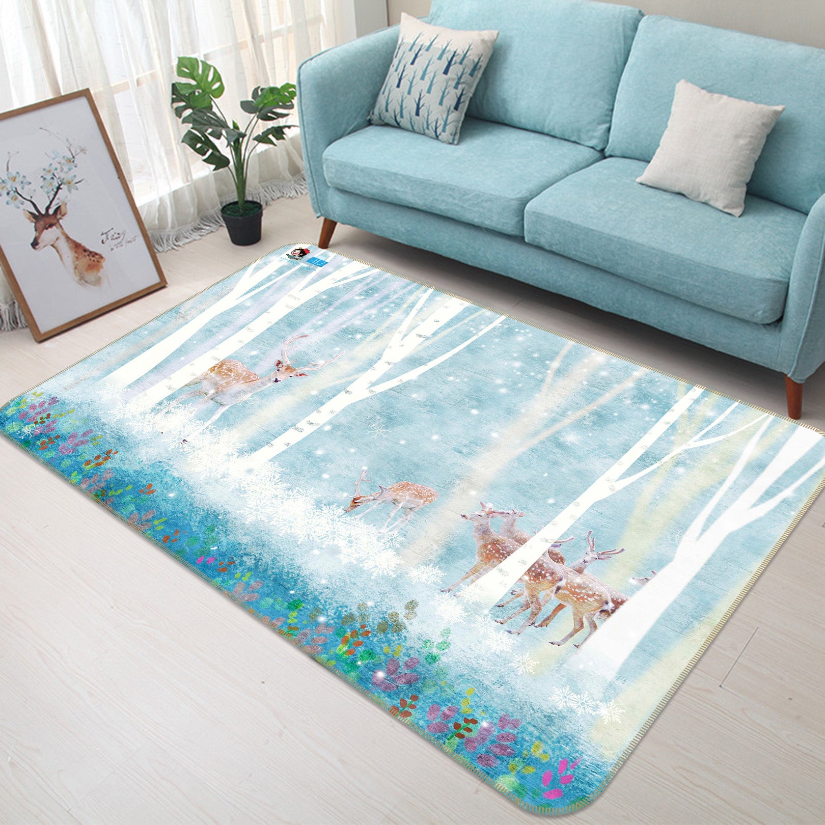 3D White Forest Deer 66094 Non Slip Rug Mat
