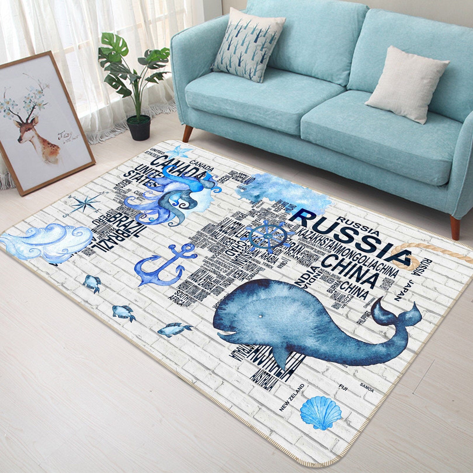 3D Blue Whale 206 World Map Non Slip Rug Mat Mat AJ Creativity Home 