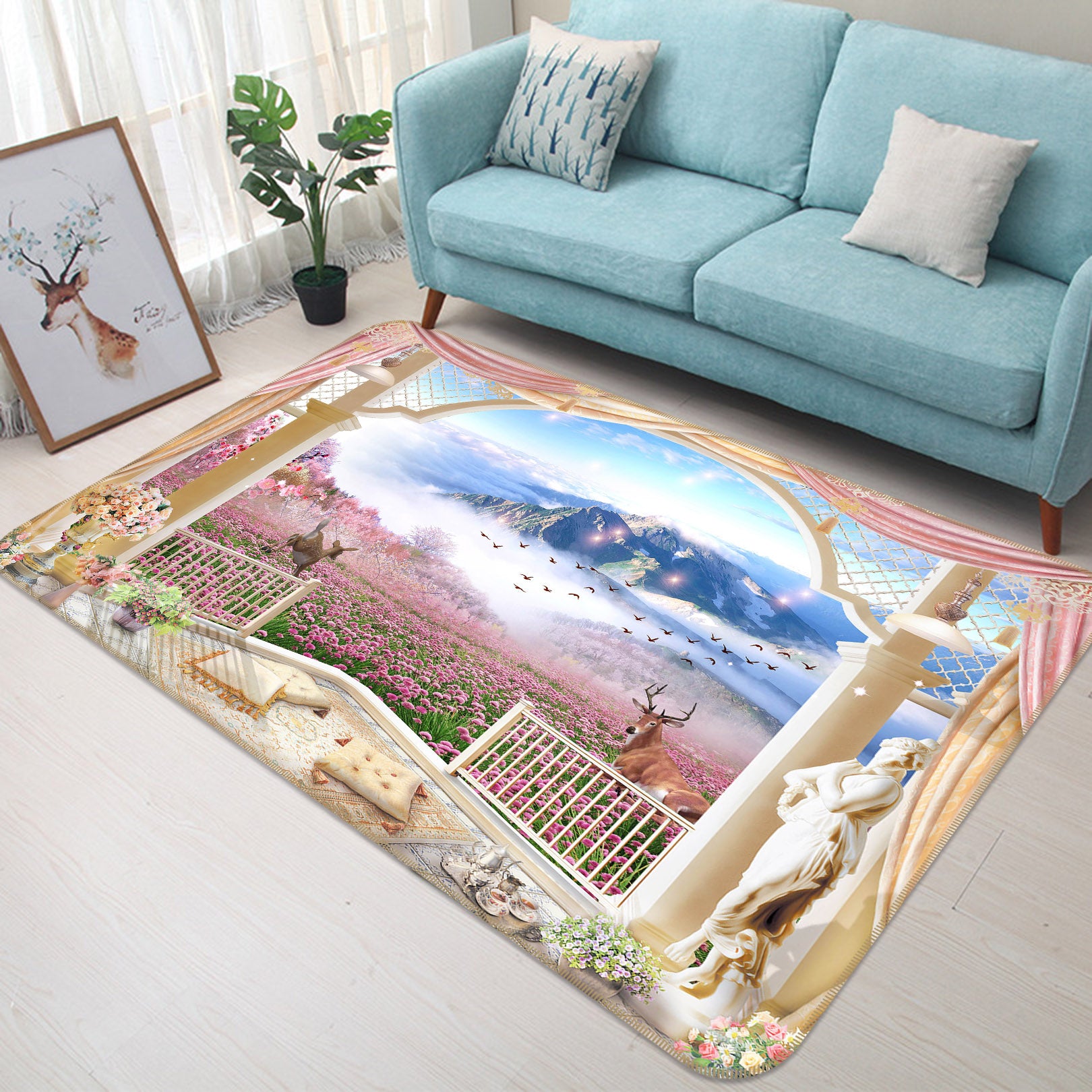 3D Flower Bush Mountain Deer 65146 Non Slip Rug Mat