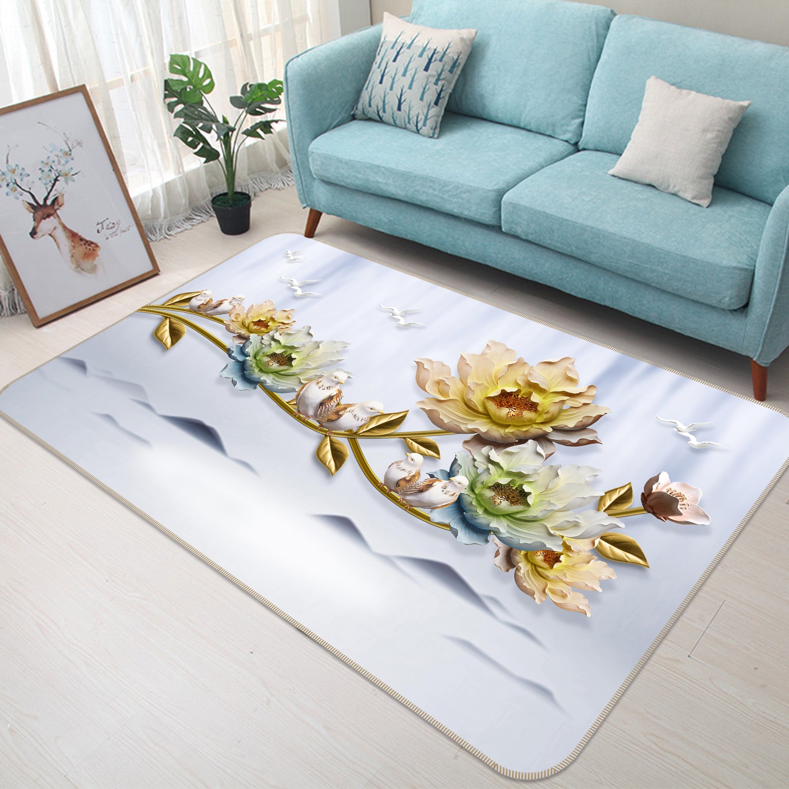 3D Golden Flower Branch 65133 Non Slip Rug Mat