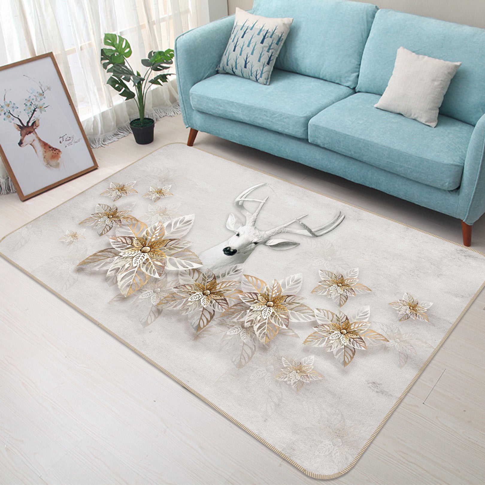 3D White Deer Flowers 65124 Non Slip Rug Mat