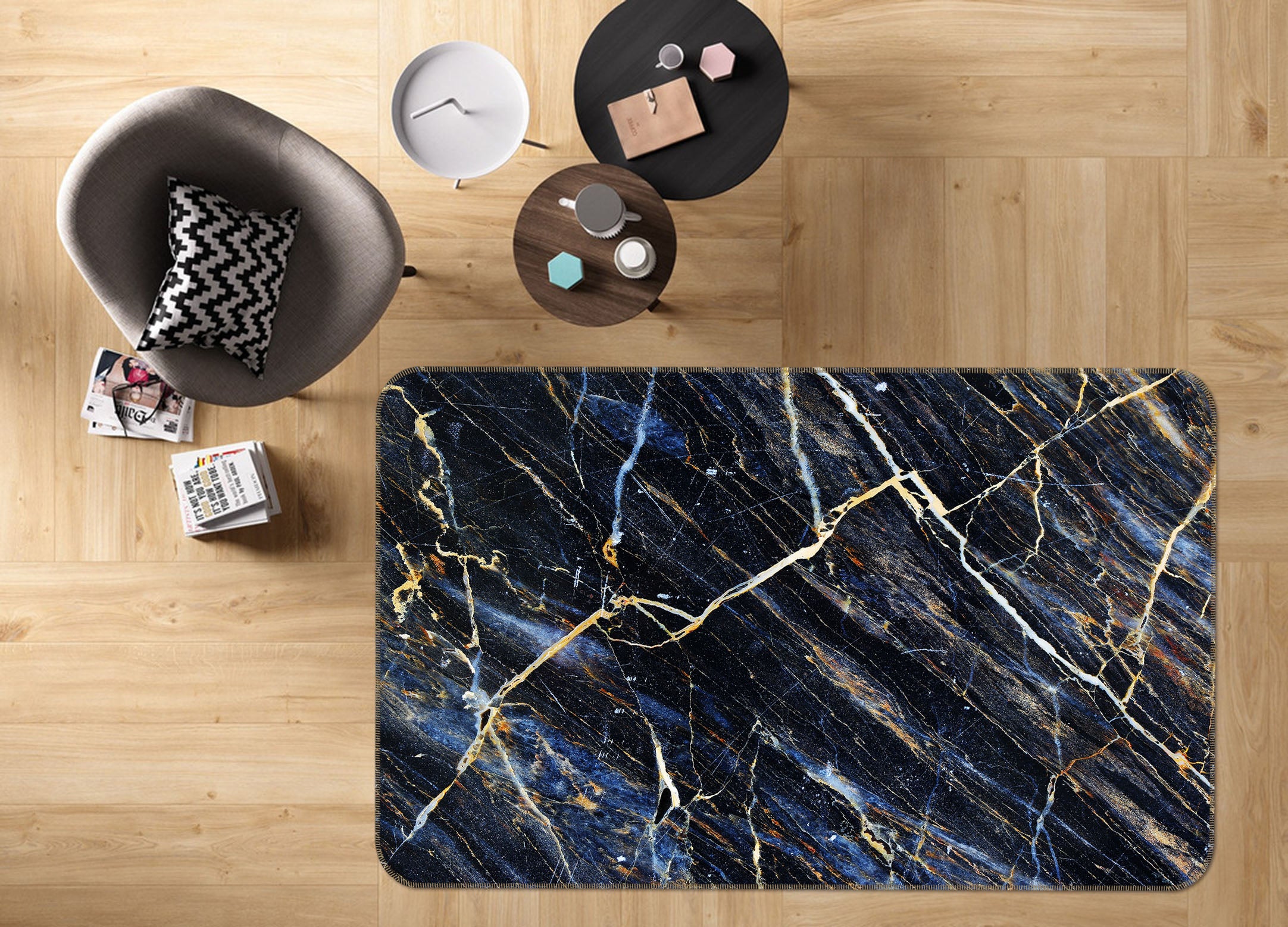3D Black Marble 25217 Non Slip Rug Mat