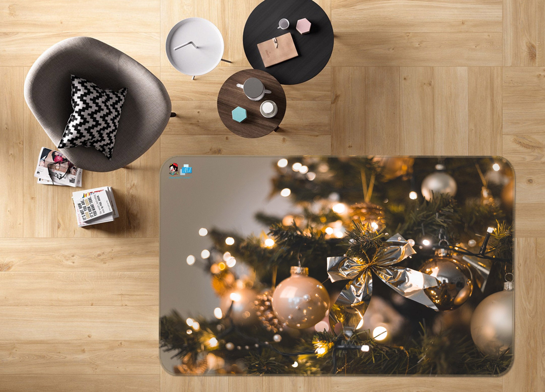 3D Tree Ball Bowknot 55056 Christmas Non Slip Rug Mat Xmas