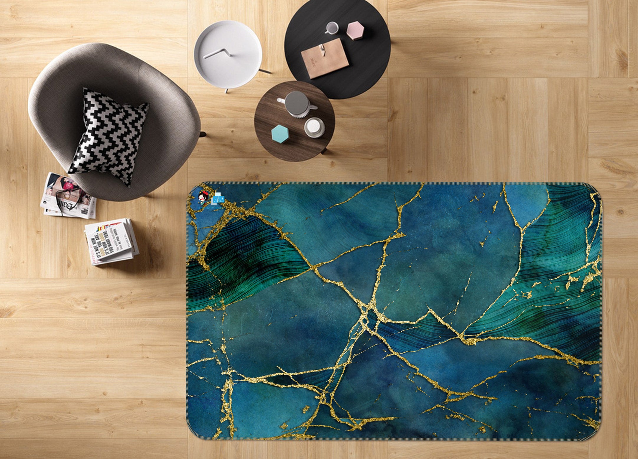 3D Golden Edge Dark Green Block 83032 Andrea haase Rug Non Slip Rug Mat