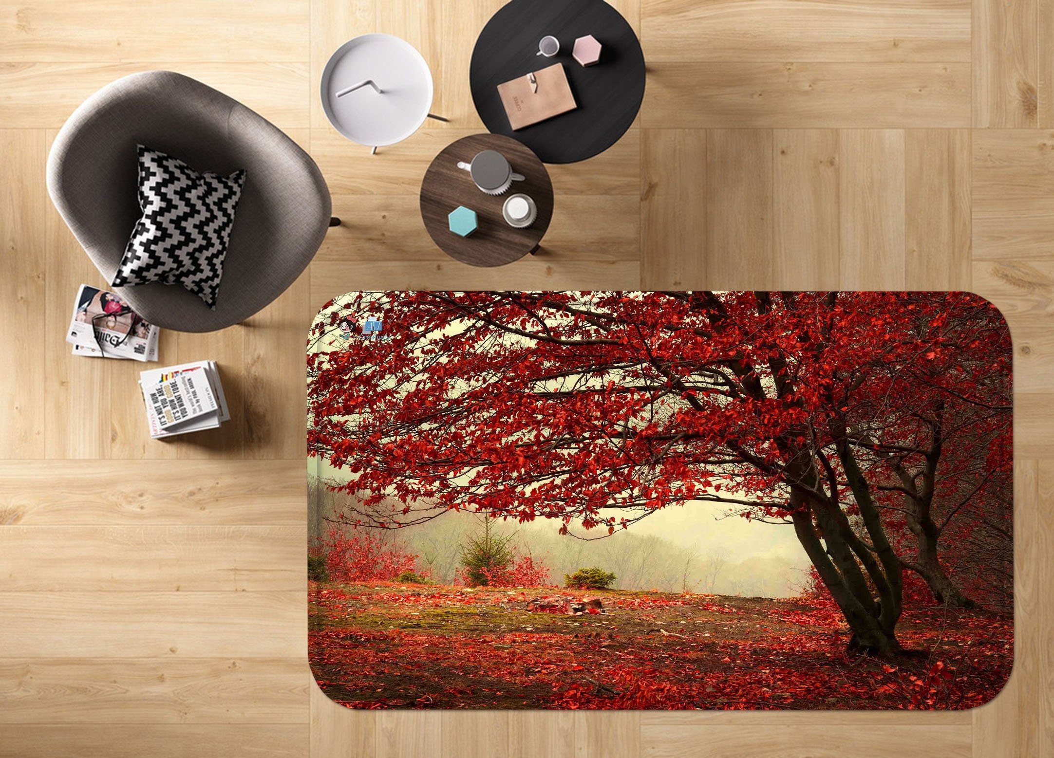 3D Tree Red Leaves 46 Non Slip Rug Mat Mat AJ Creativity Home 