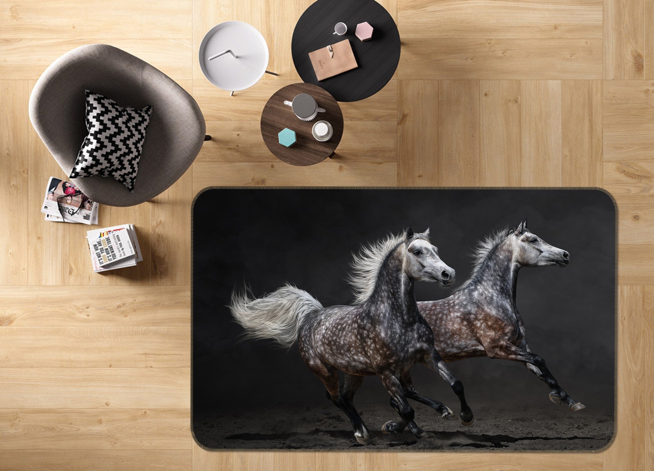3D Two Black Gray Horses 30131 Non Slip Rug Mat