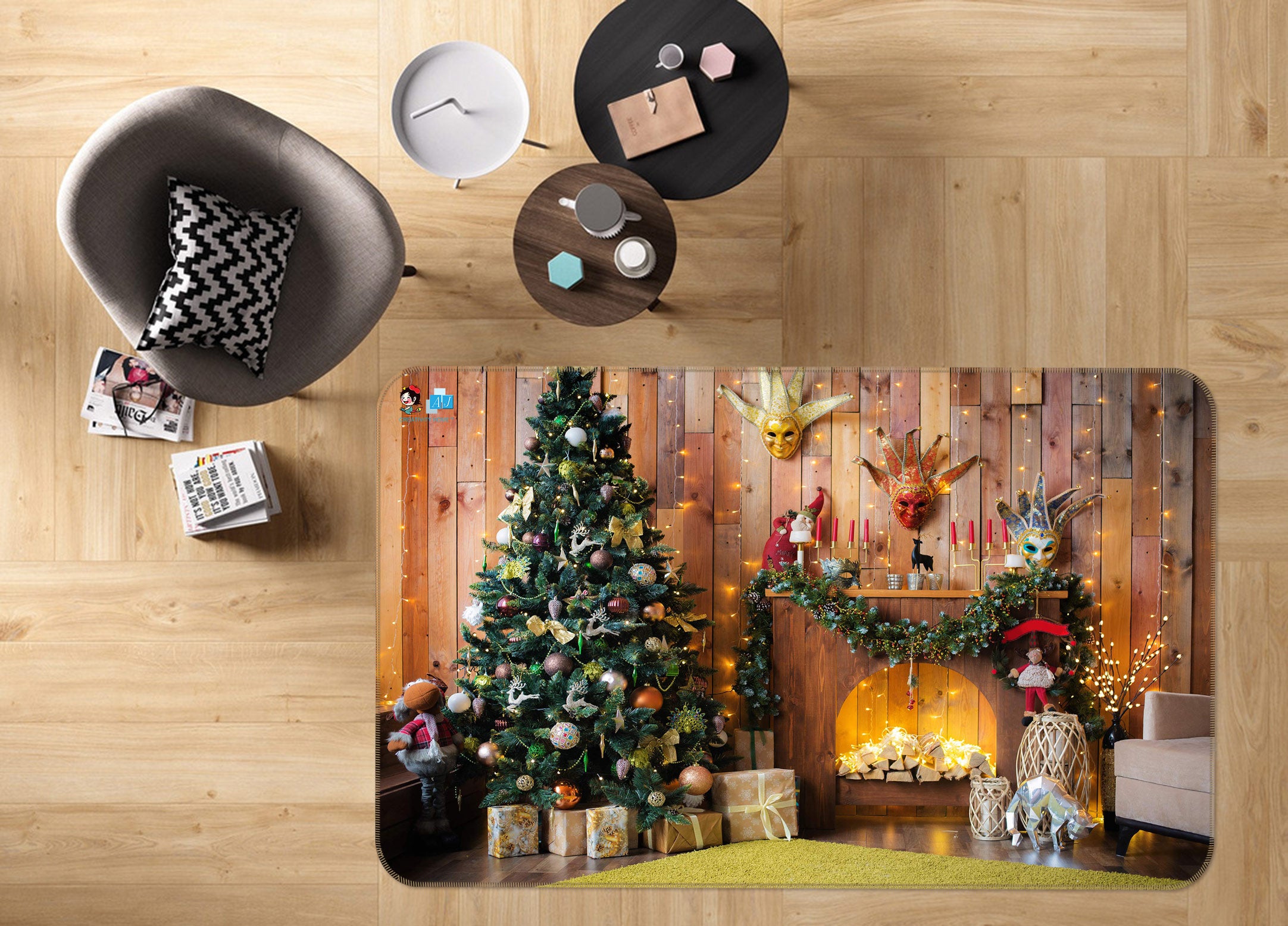 3D Tree Fireplace 55004 Christmas Non Slip Rug Mat Xmas