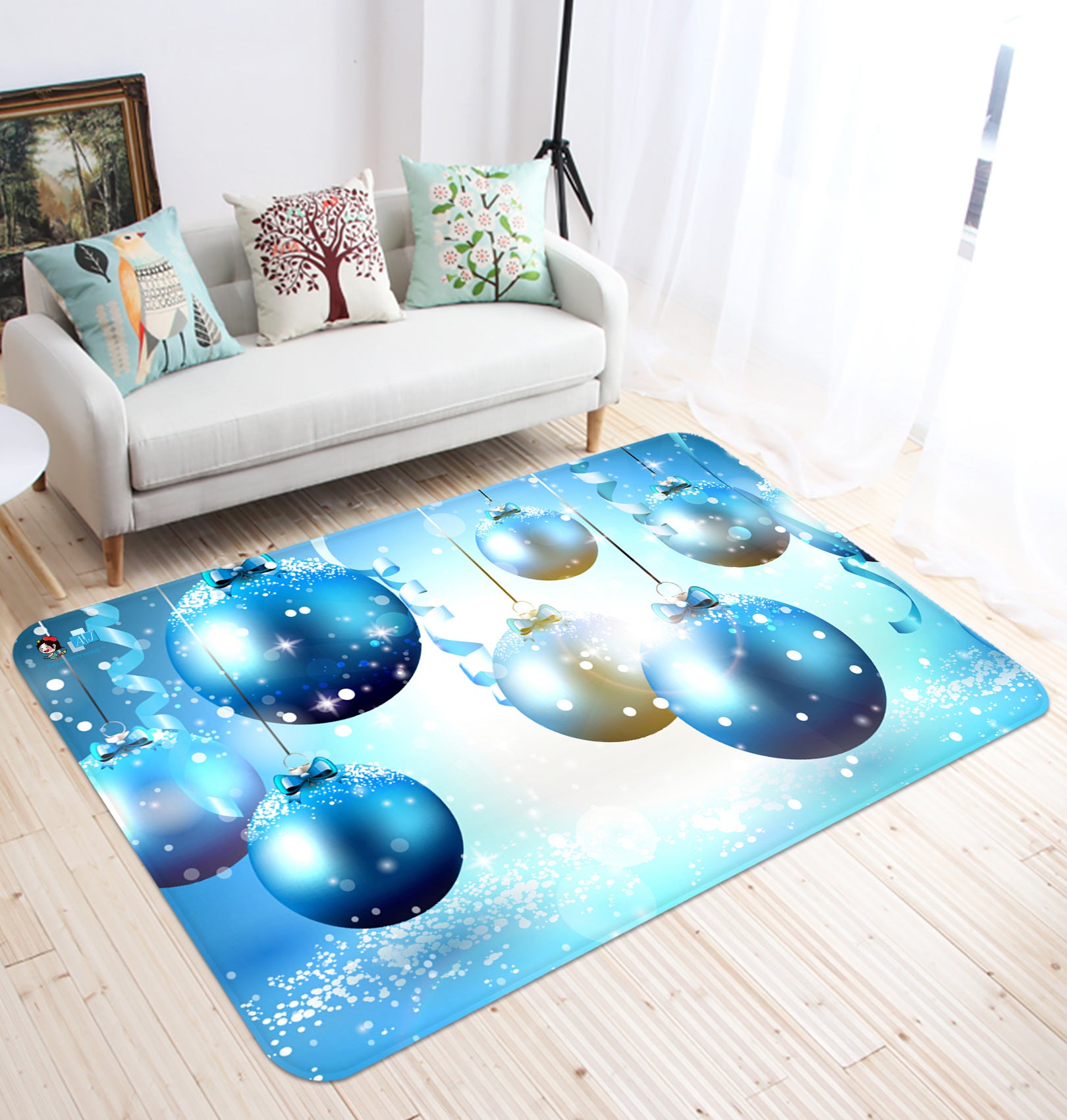 3D Blue White Ball 65176 Christmas Non Slip Rug Mat Xmas