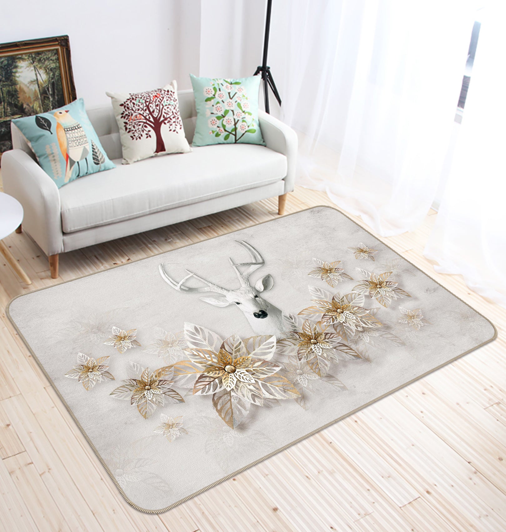 3D White Deer Flowers 65124 Non Slip Rug Mat