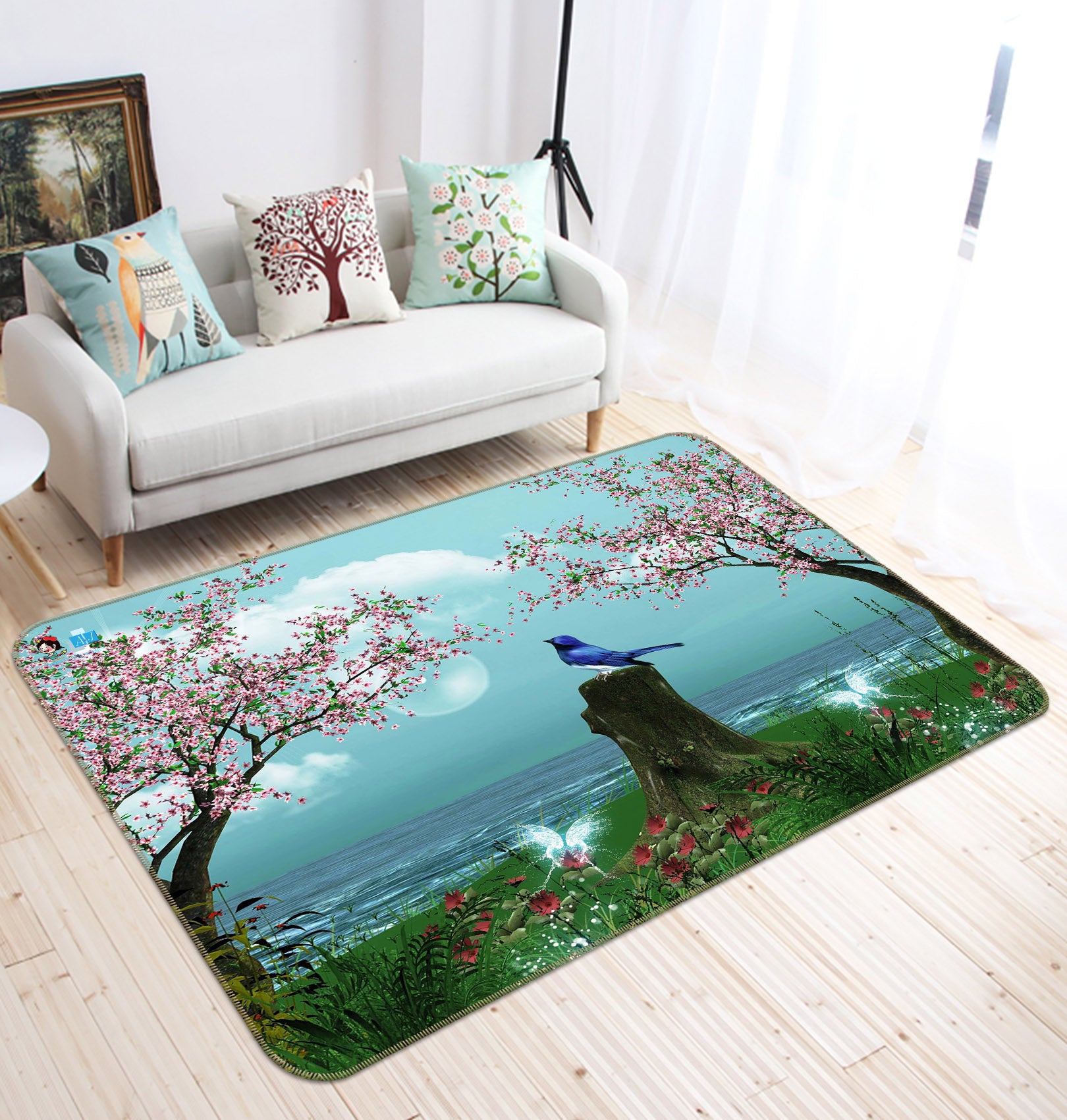 3D Cherry Tree Grass Bird 66074 Non Slip Rug Mat