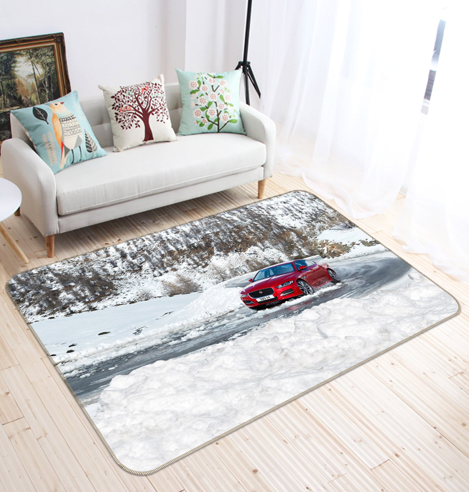 3D Snowfield Red Sports Car 38232 Vehicle Non Slip Rug Mat