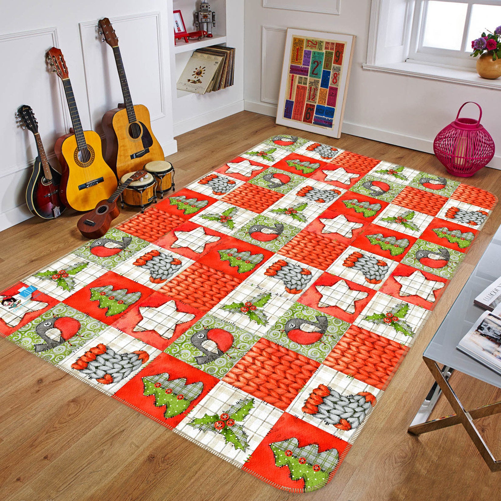 3D Sock Tree Checkered 54231 Christmas Non Slip Rug Mat Xmas