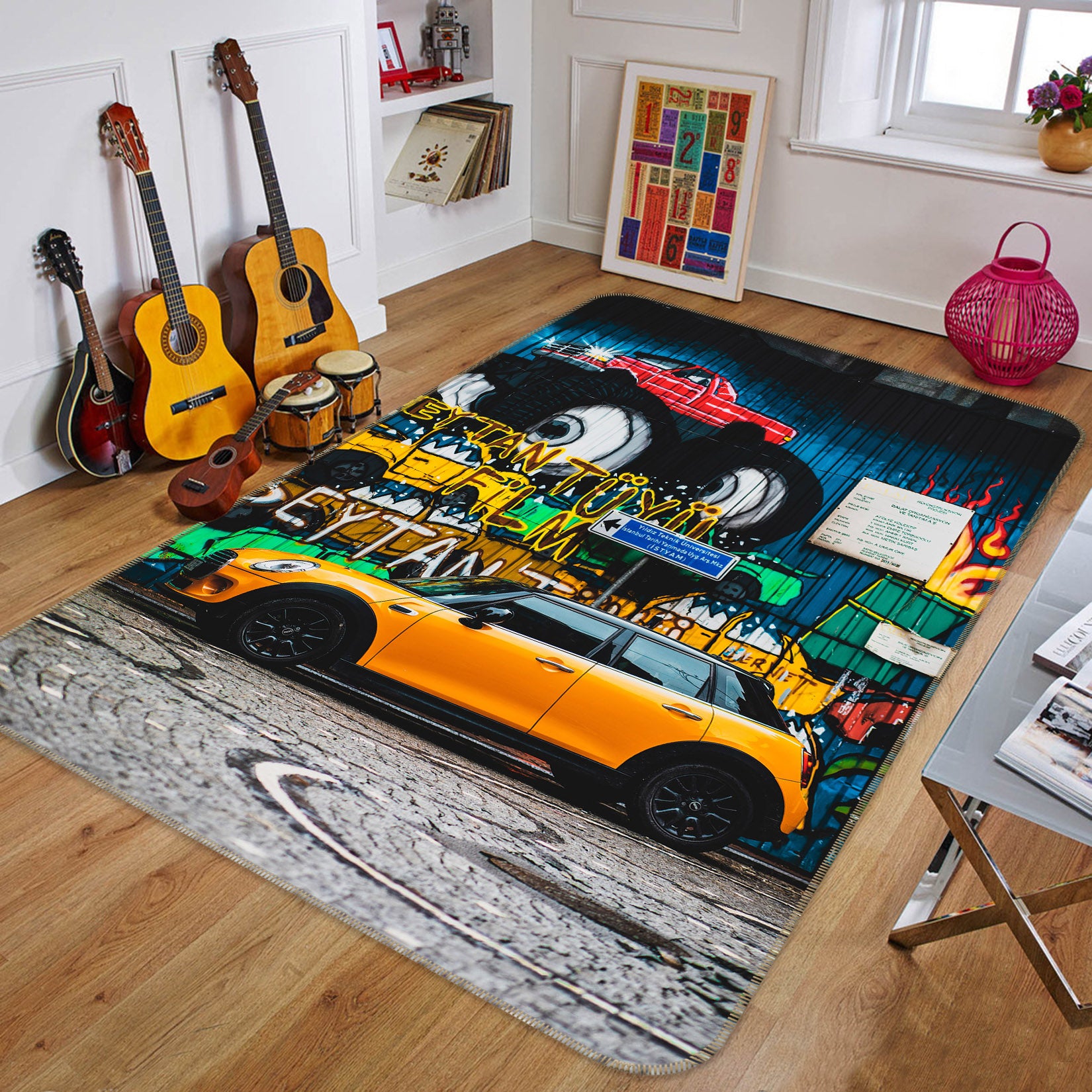 3D Graffiti Yellow Car 68133 Vehicle Non Slip Rug Mat
