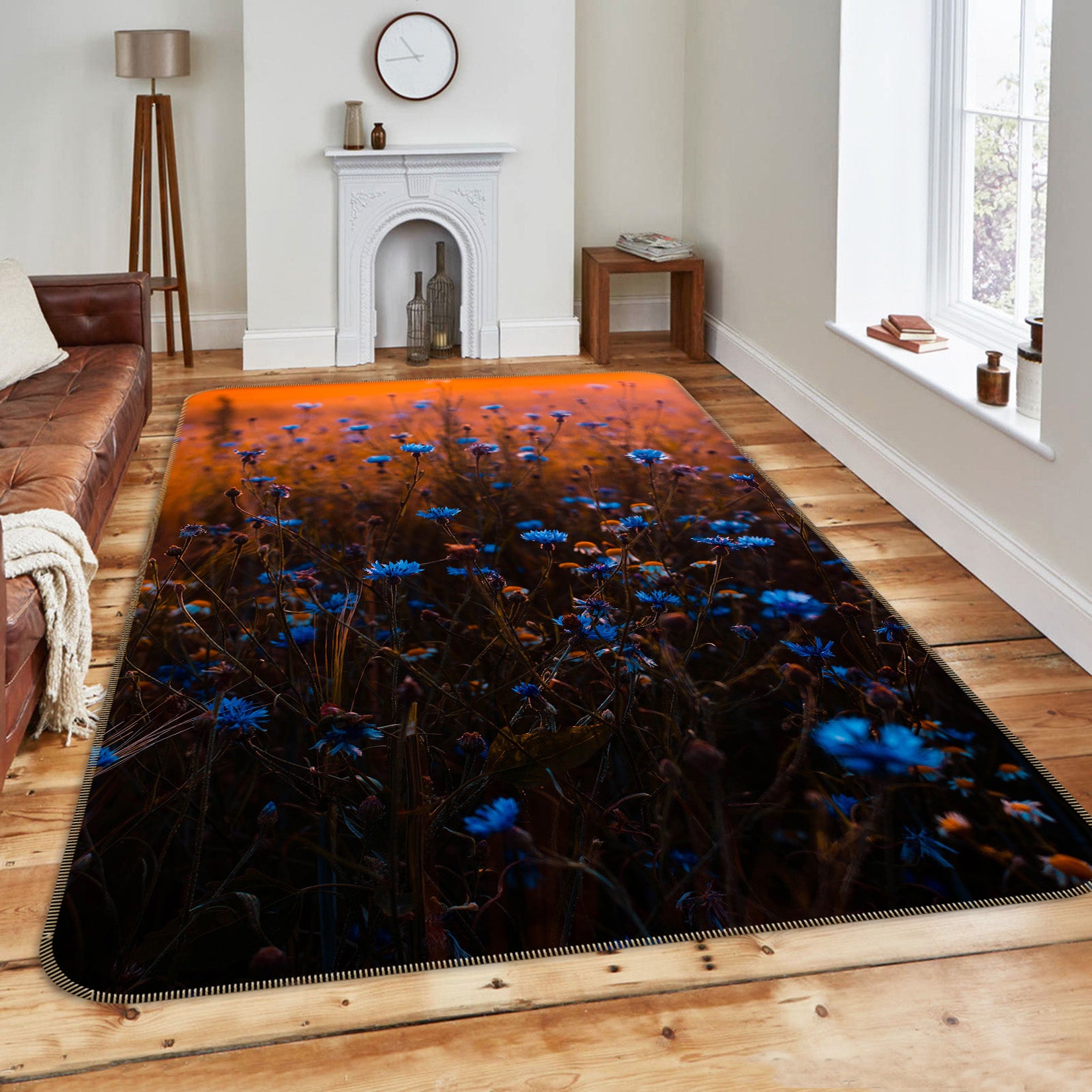 3D Blue Flowers 65162 Non Slip Rug Mat
