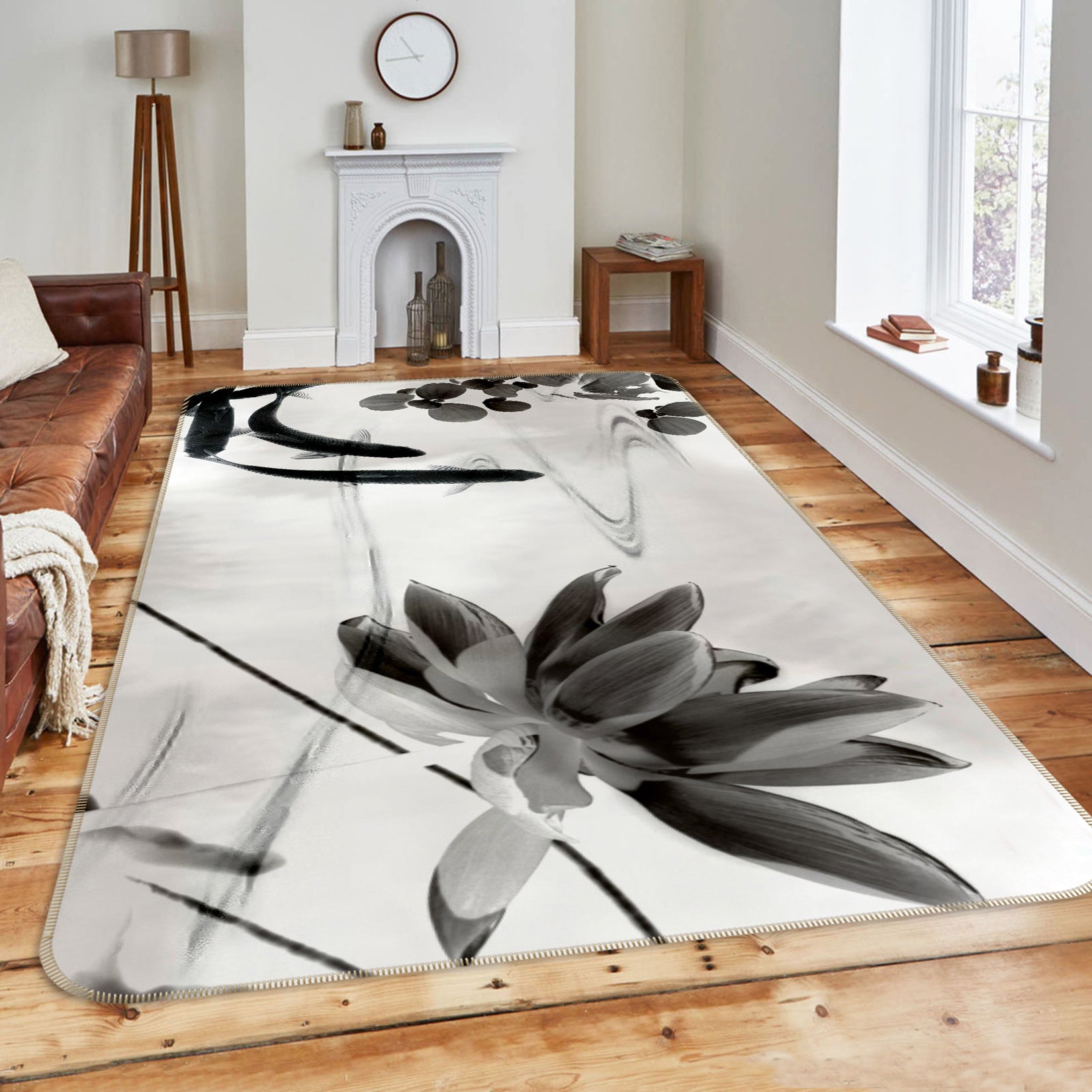 3D Black White Lotus 76018 Non Slip Rug Mat
