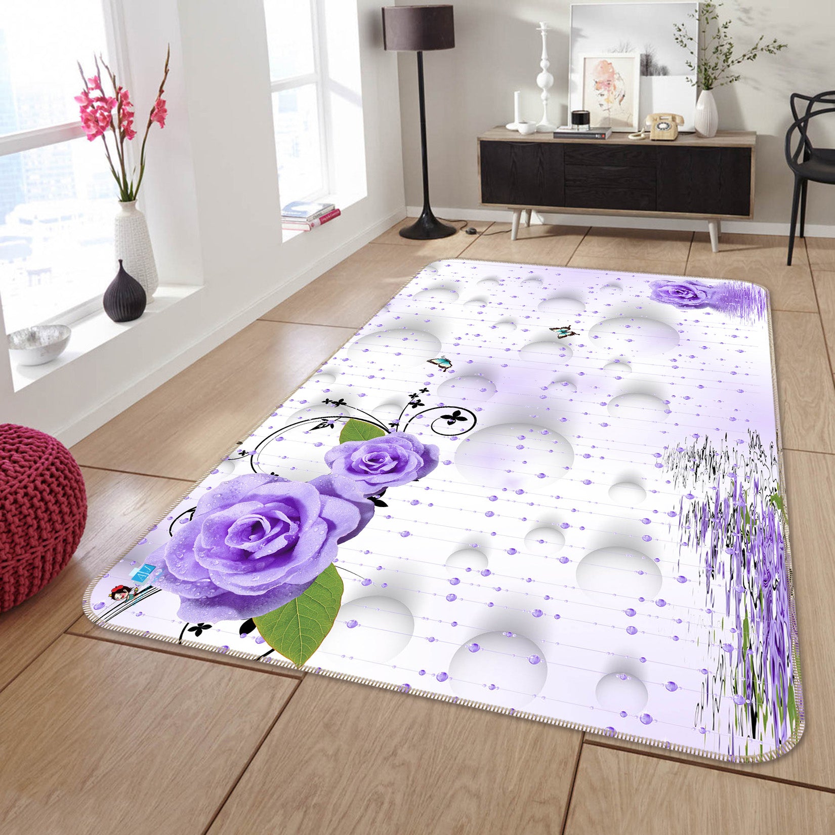 3D Purple Flowers 66099 Non Slip Rug Mat