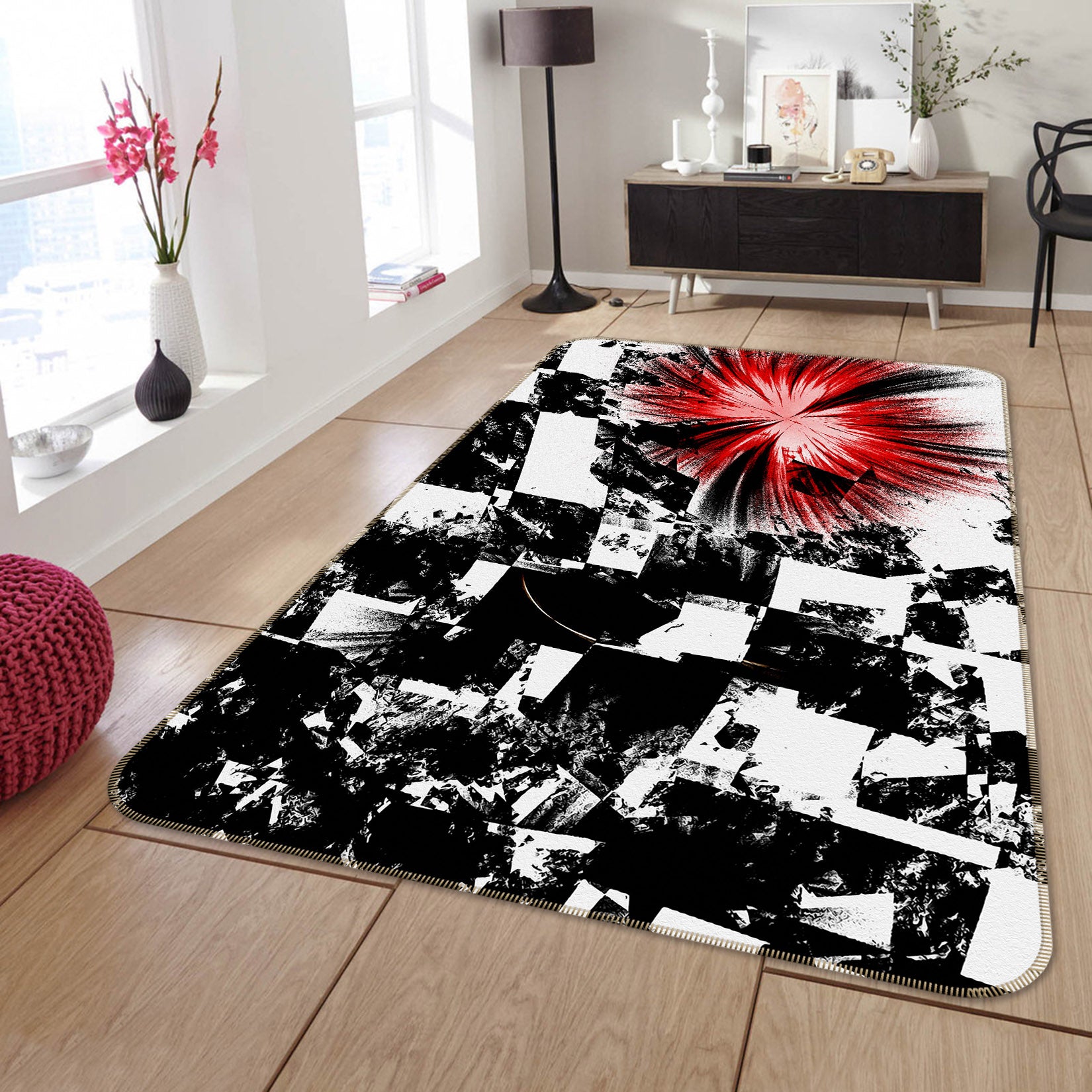 3D Black White Square 65063 Non Slip Rug Mat
