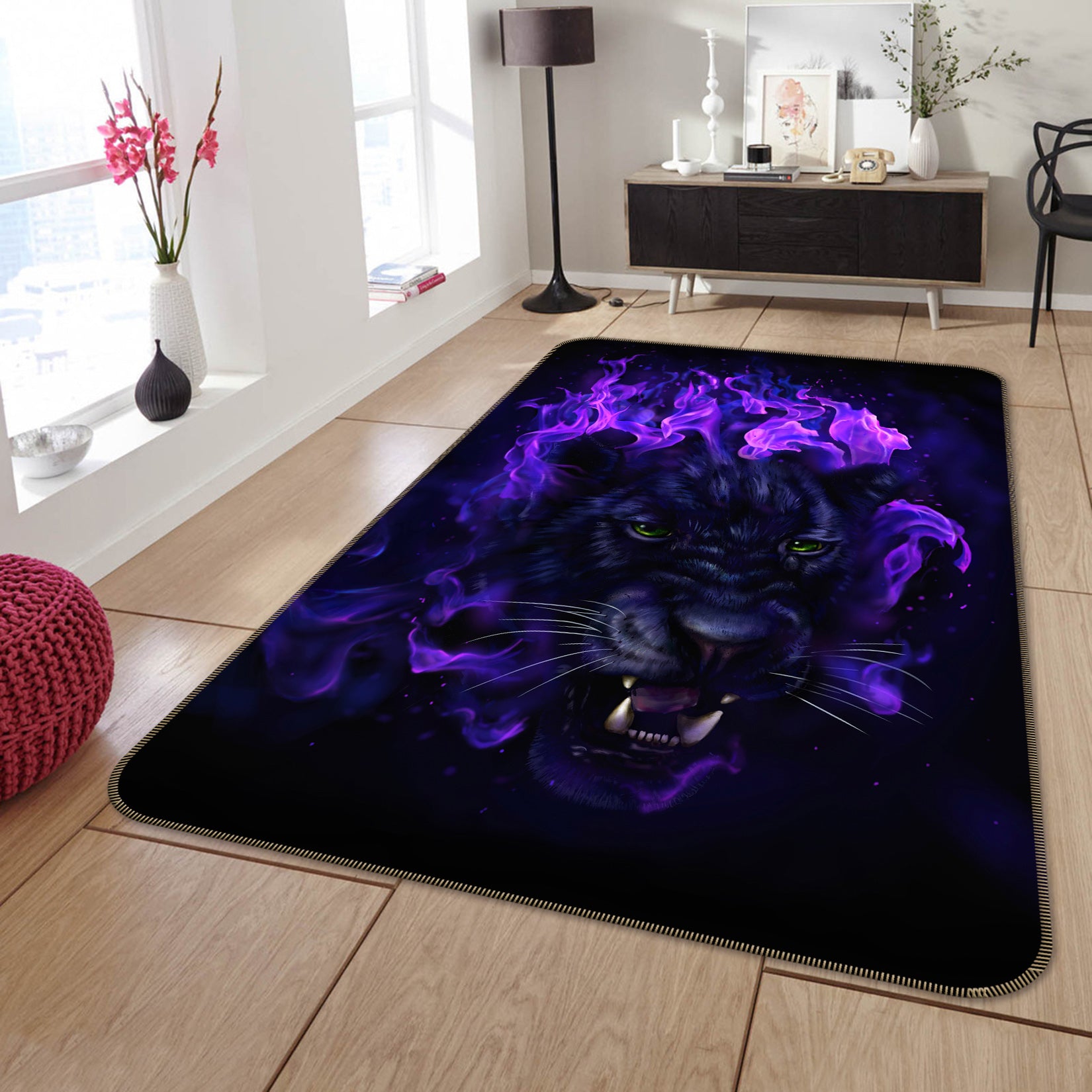 3D Purple Flame Tiger 200 Animal Non Slip Rug Mat