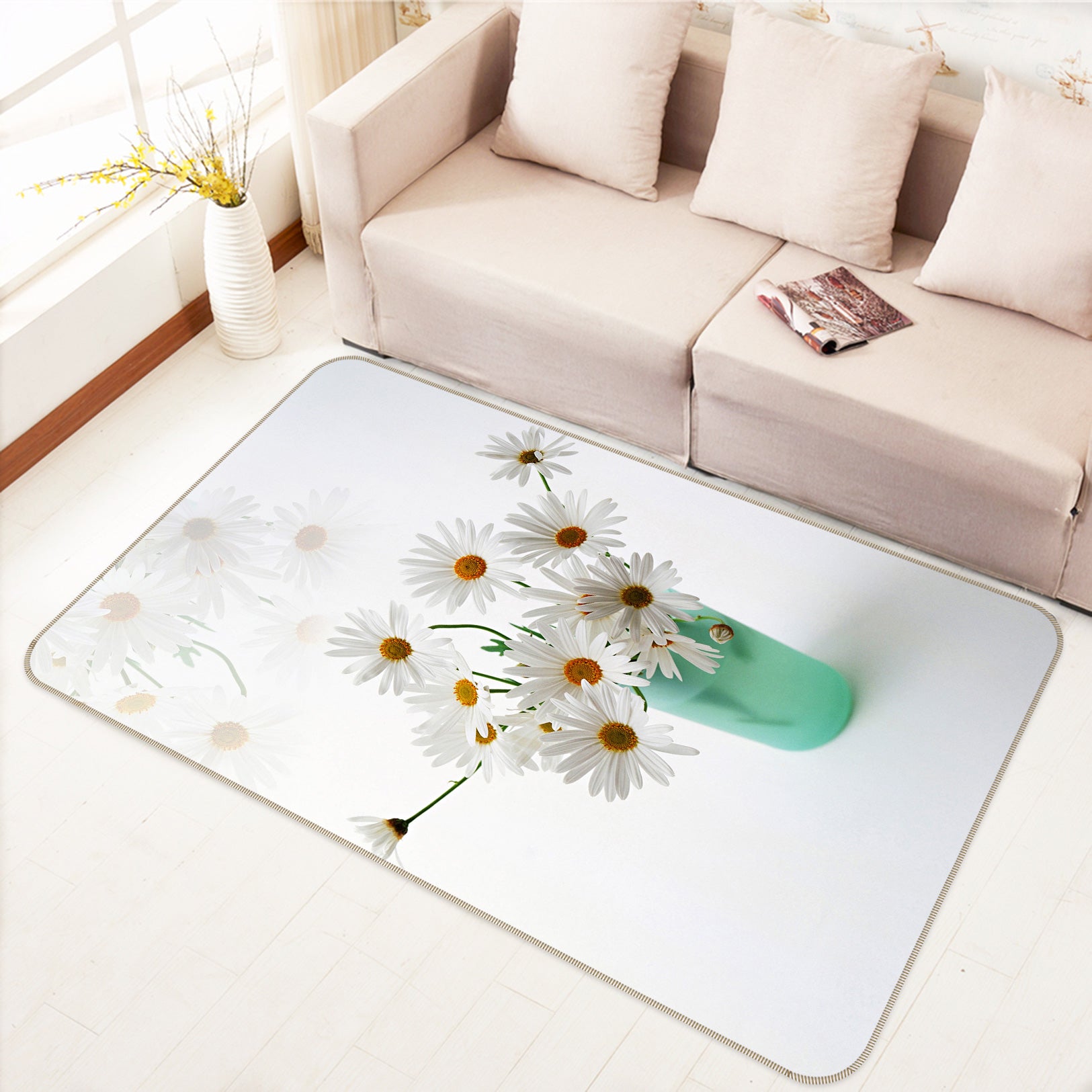 3D Small White Chrysanthemum 76132 Non Slip Rug Mat