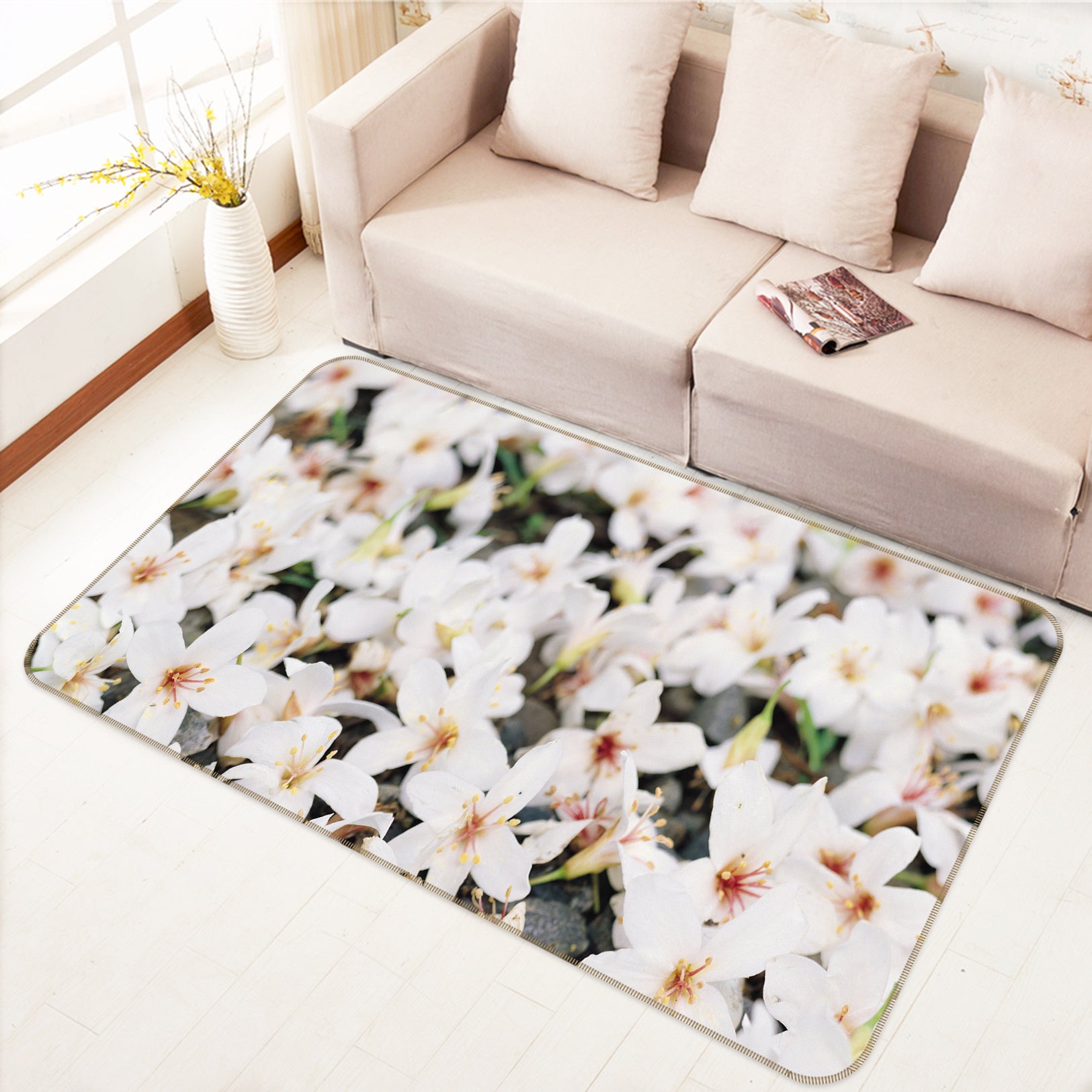 3D White Flowers 75264 Non Slip Rug Mat