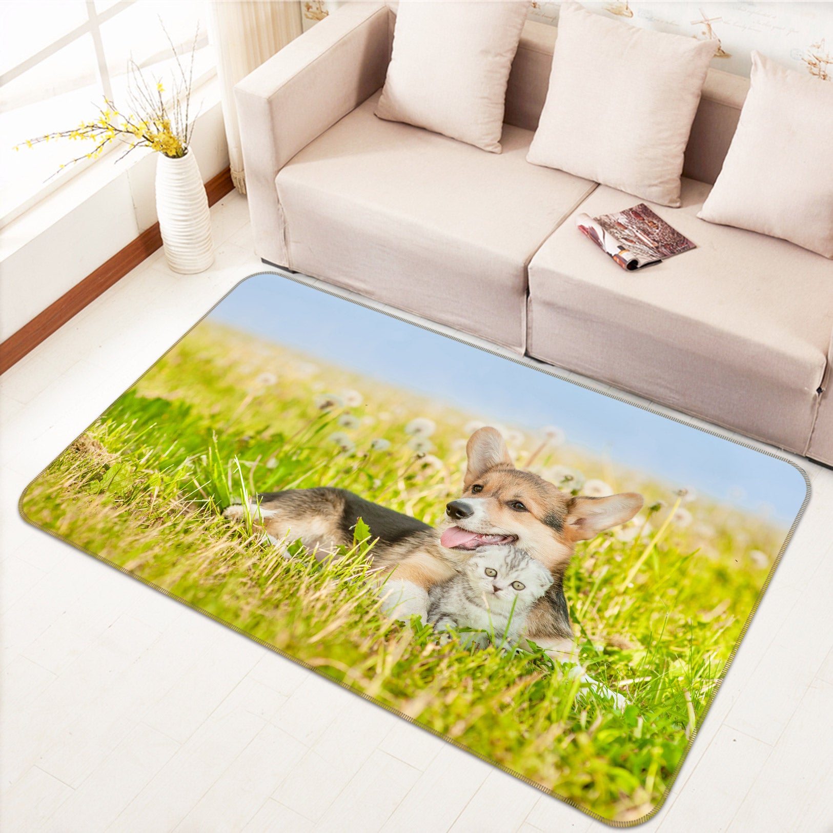 3D Grassland Corgi Kitten 37038 Non Slip Rug Mat