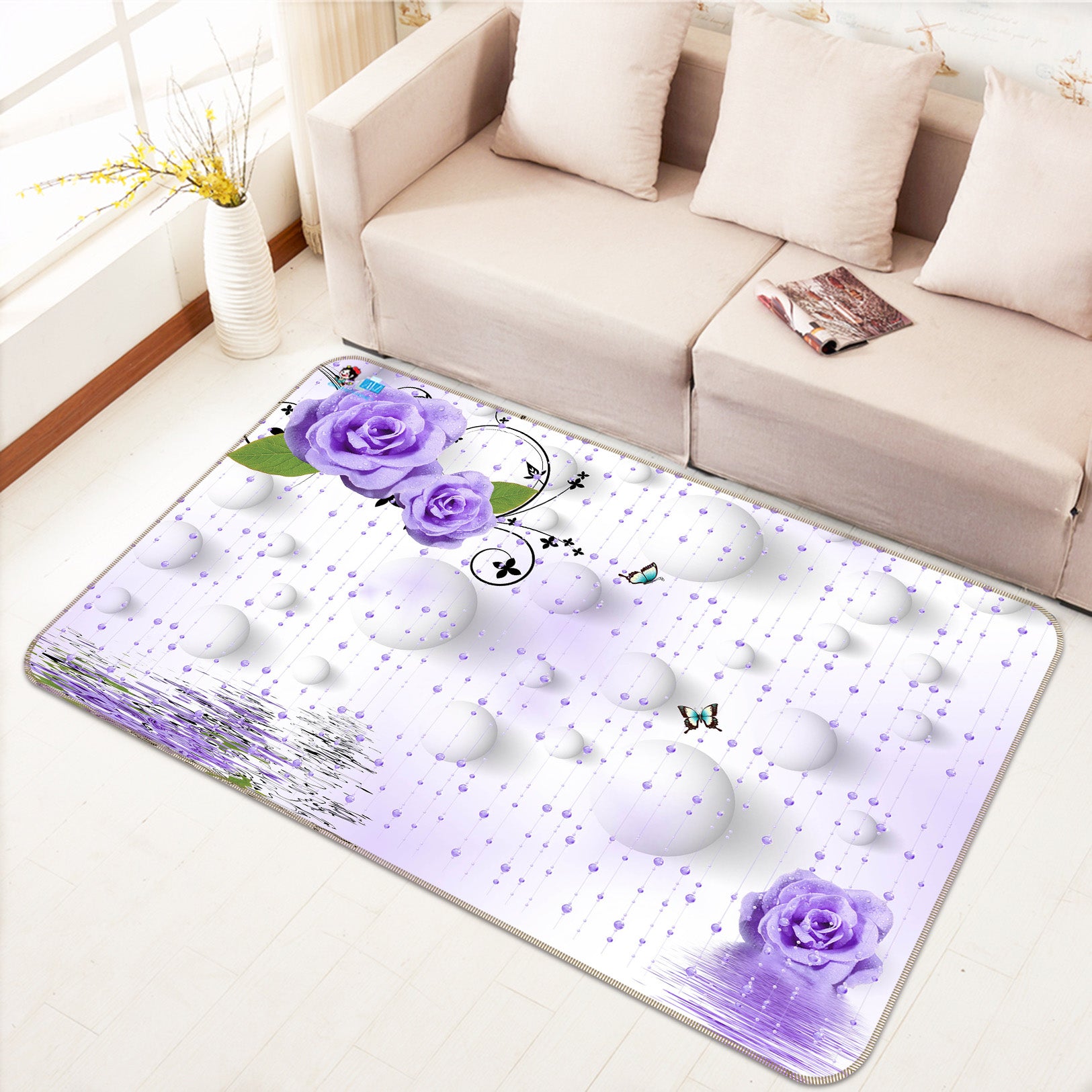 3D Purple Flowers 66099 Non Slip Rug Mat
