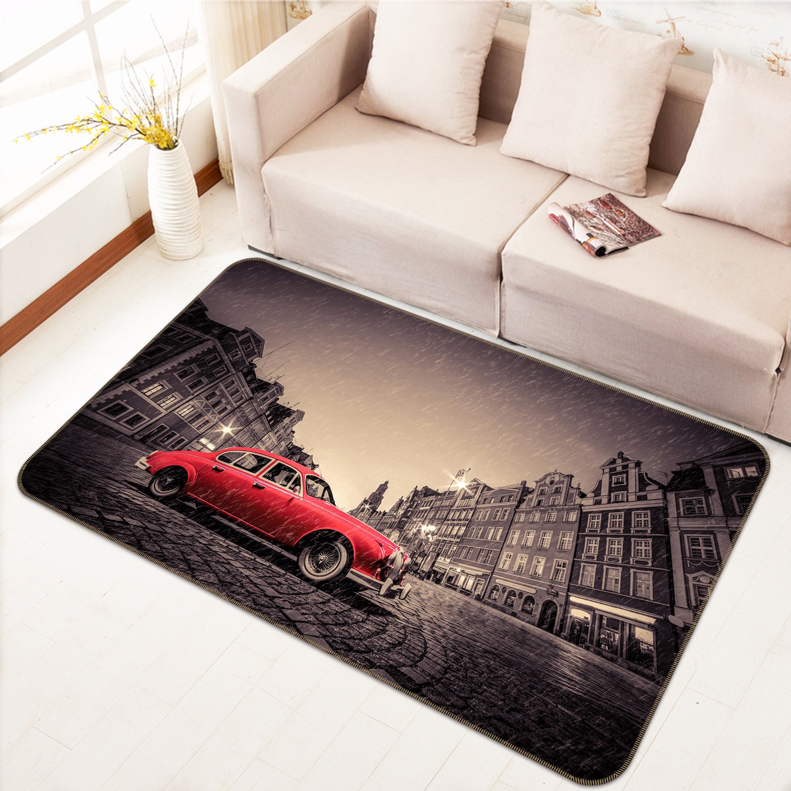 3D Building Construction Red Car 67211 Vehicle Non Slip Rug Mat
