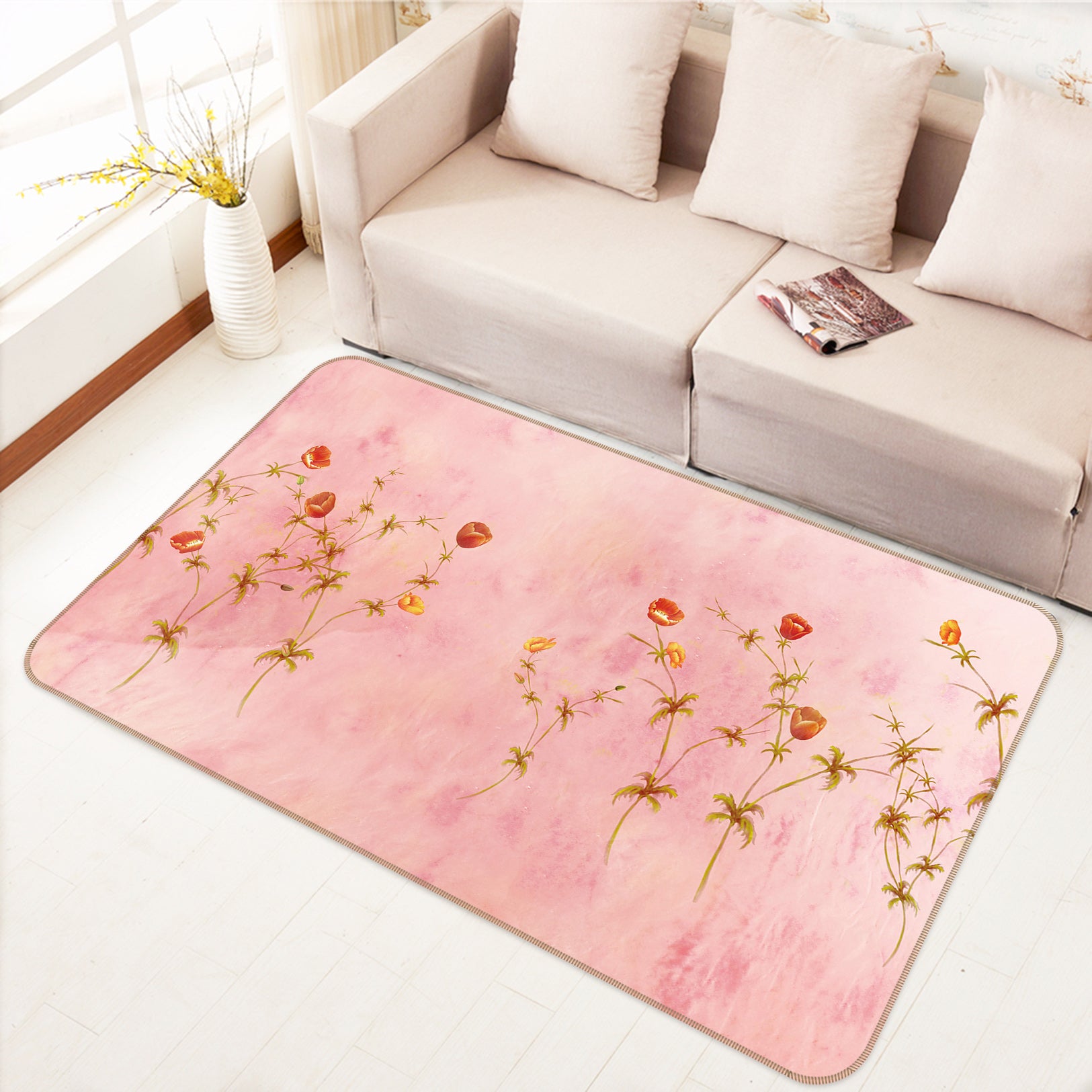 3D Pink Flowers 75163 Non Slip Rug Mat