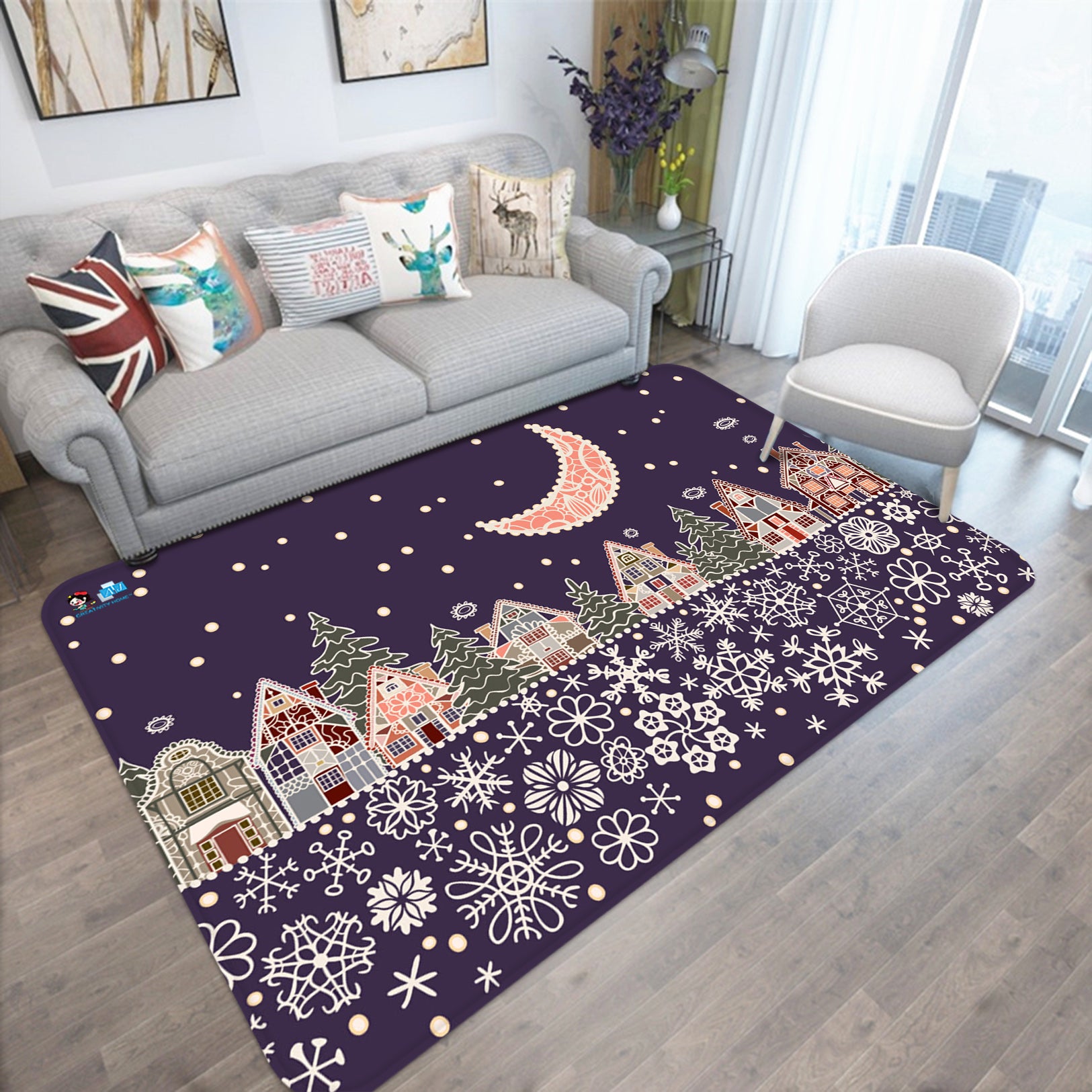 3D Houses Snowflakes Moon 65202 Christmas Non Slip Rug Mat Xmas