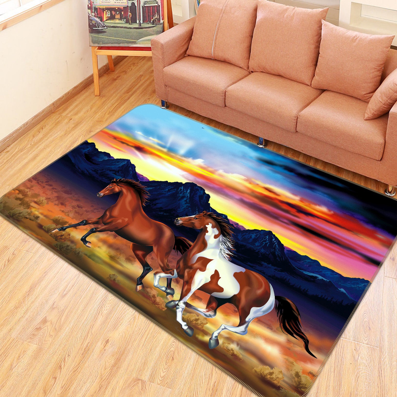 3D Mountains Horses 69020 Animal Non Slip Rug Mat