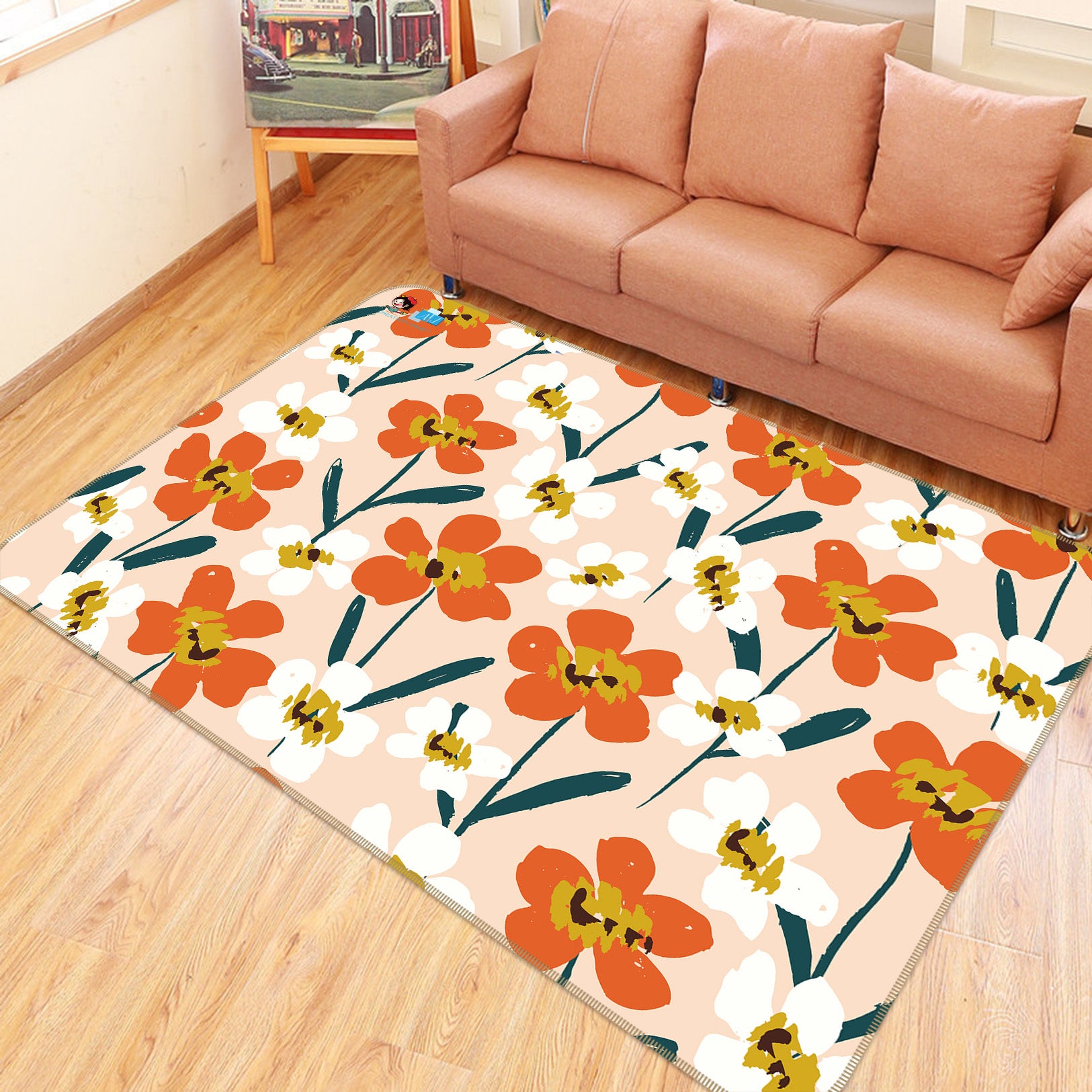 3D Orange White Flowers 10764 Kashmira Jayaprakash Rug Non Slip Rug Mat
